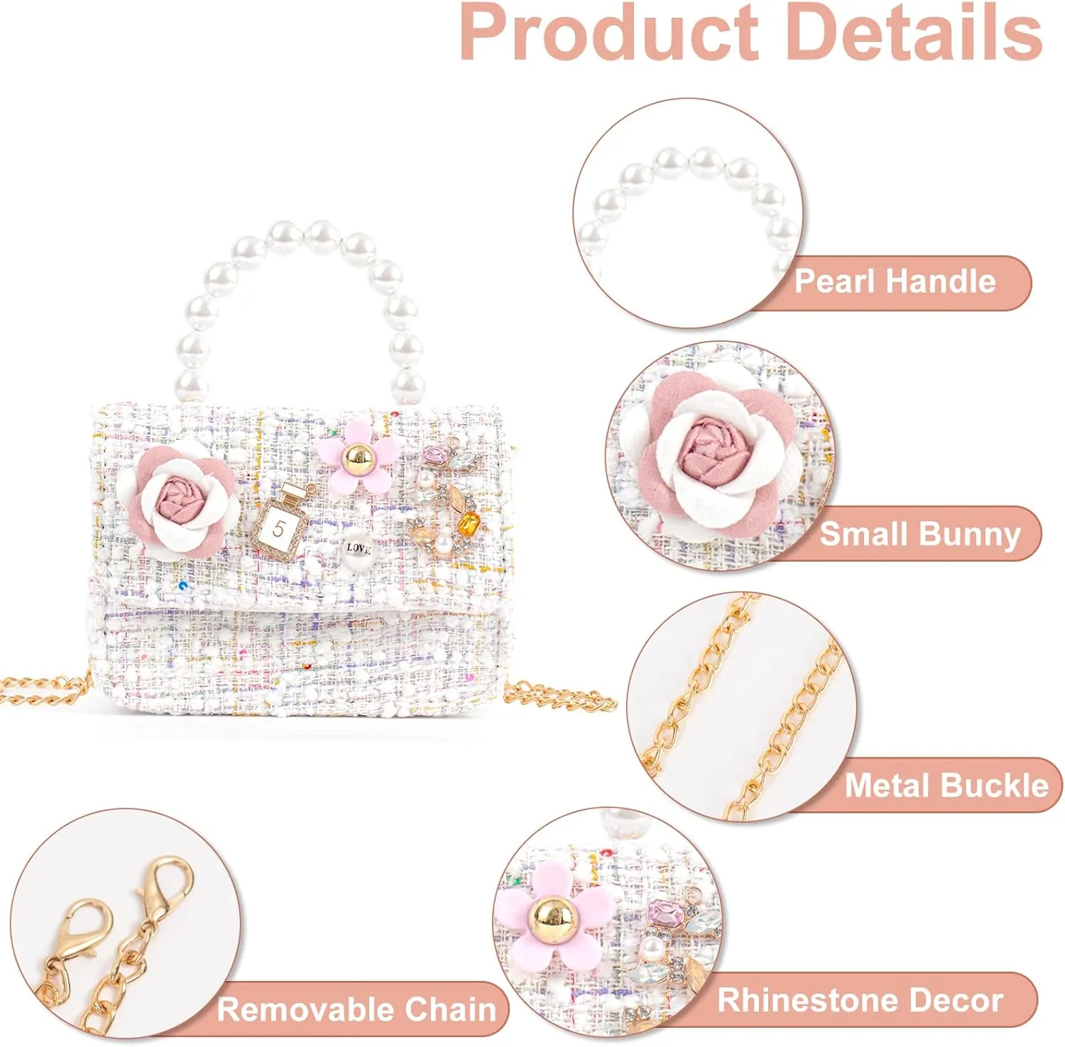 Girls Princess Bunny Purses Cute Crown Crossbody Bag Handbag with Pearl Handle for girls