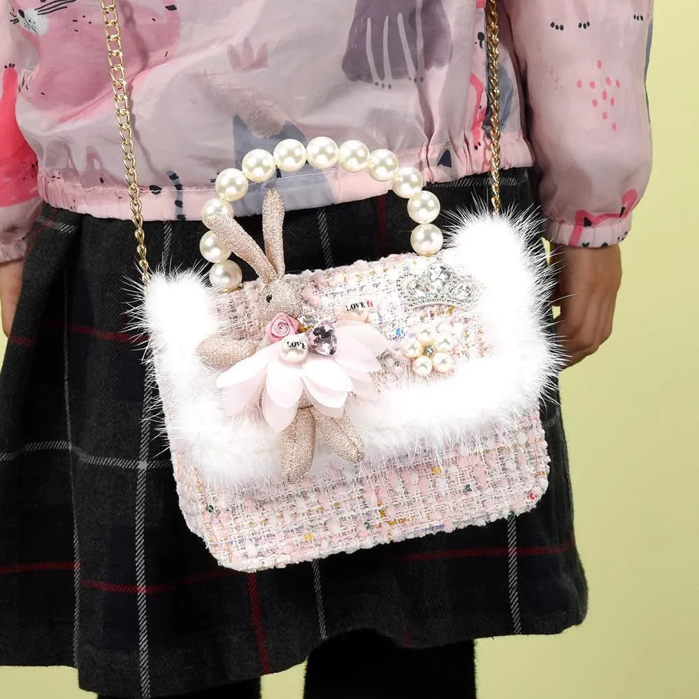 Girls Princess Bunny Purses Cute Crown Crossbody Bag Handbag with Pearl Handle for girls