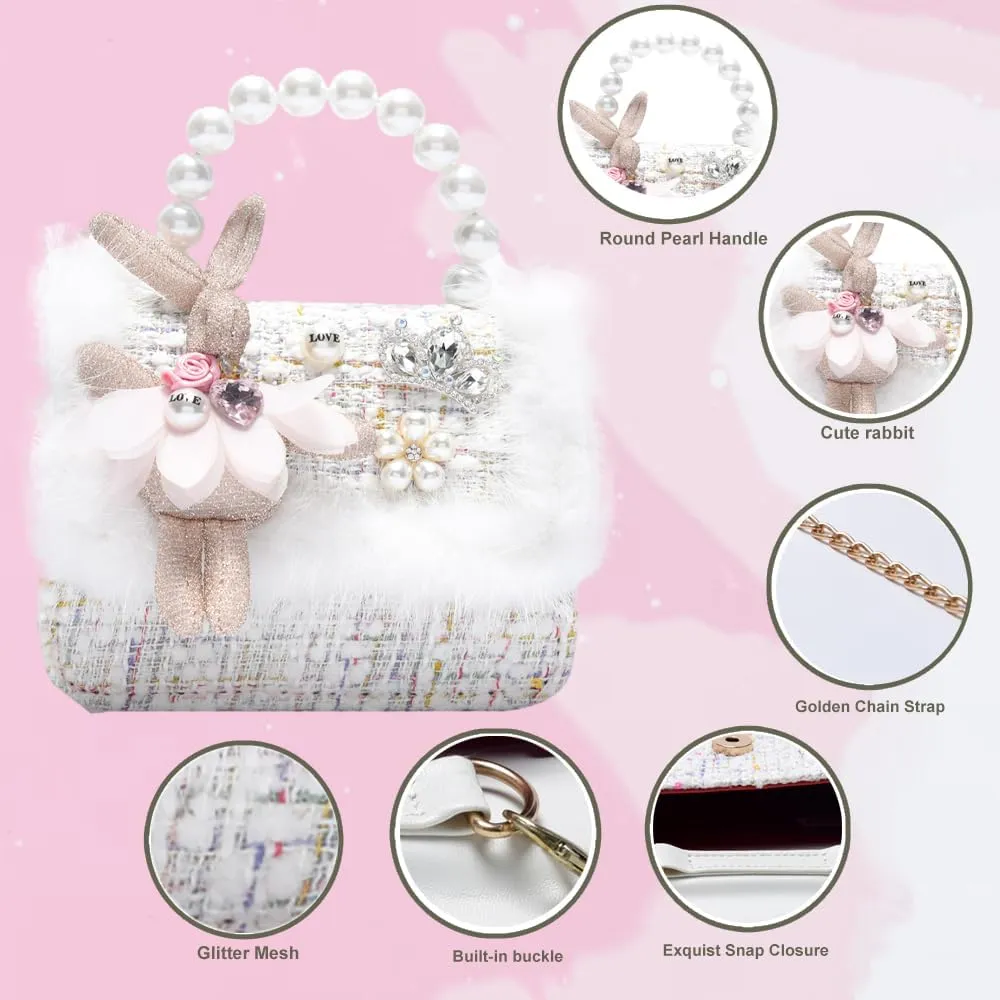 Girls Princess Bunny Purses Cute Crown Crossbody Bag Handbag with Pearl Handle for girls