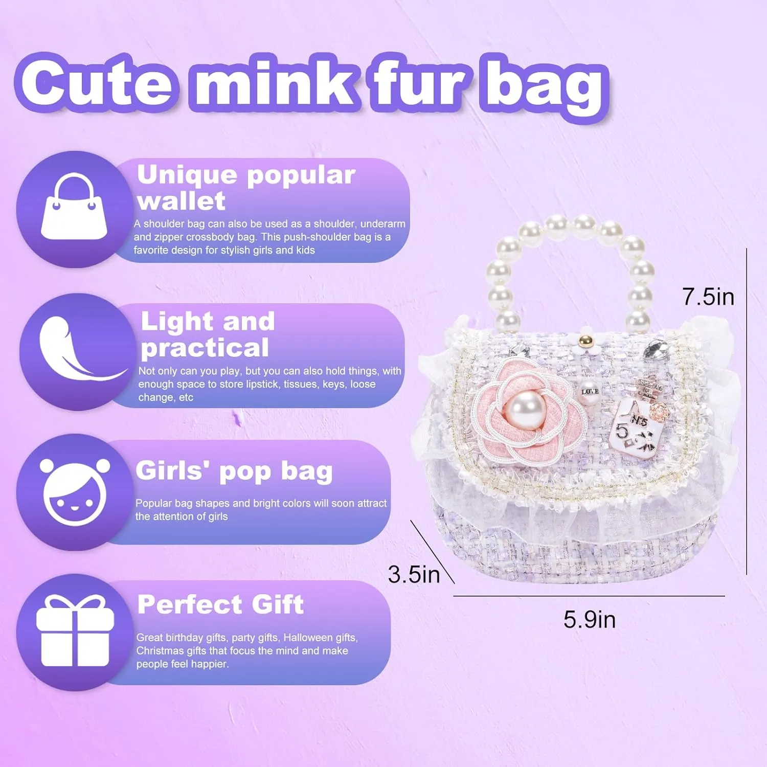 Girls Princess Purses Cute Bunny Toddler Crossbody Bag Handbag with Pearl Handle Shoulder Chain Bag
