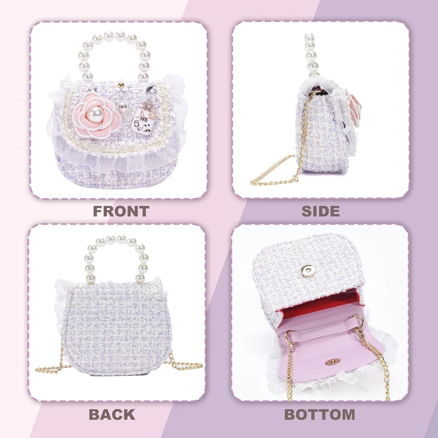 Girls Princess Purses Cute Bunny Toddler Crossbody Bag Handbag with Pearl Handle Shoulder Chain Bag