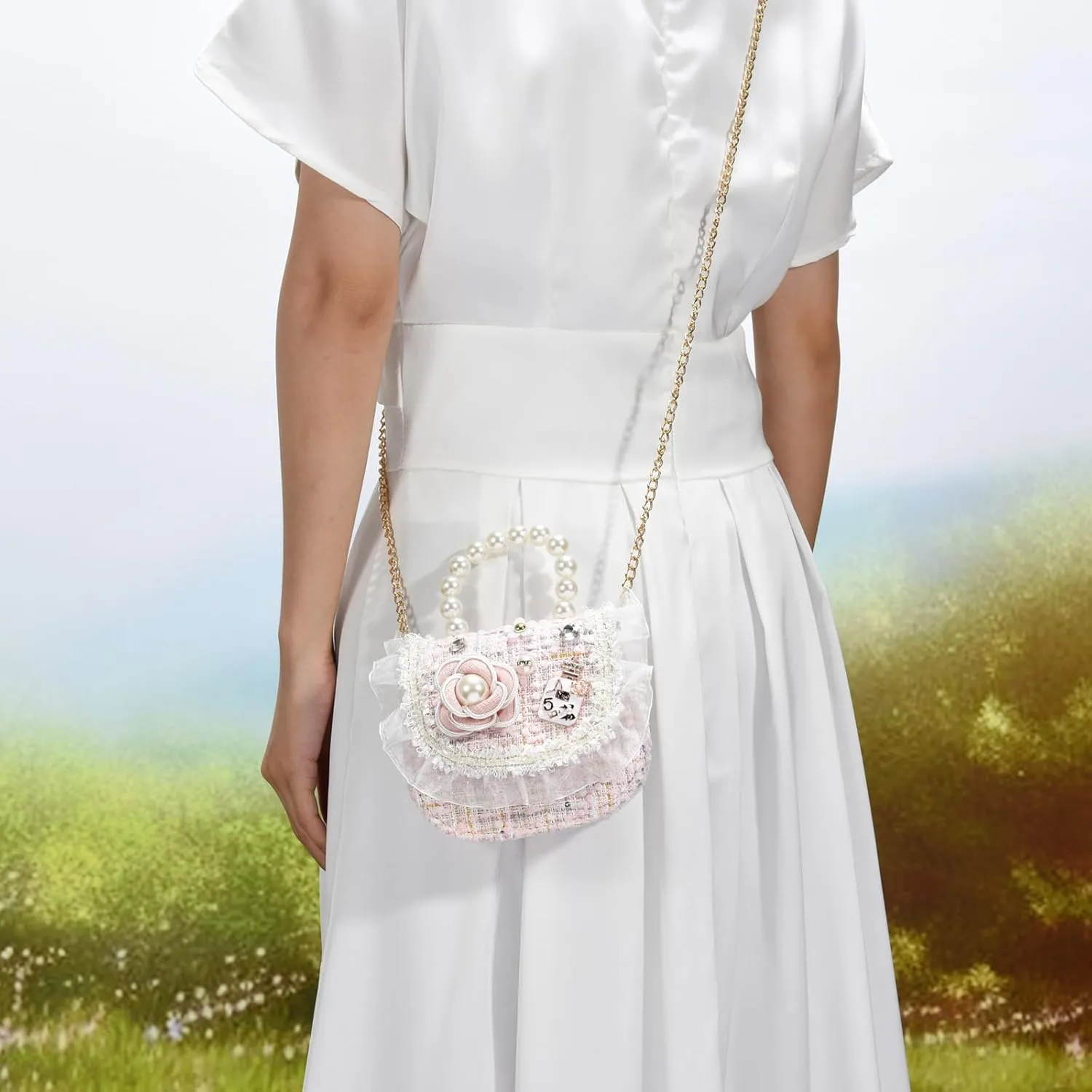 Girls Princess Purses Cute Bunny Toddler Crossbody Bag Handbag with Pearl Handle Shoulder Chain Bag