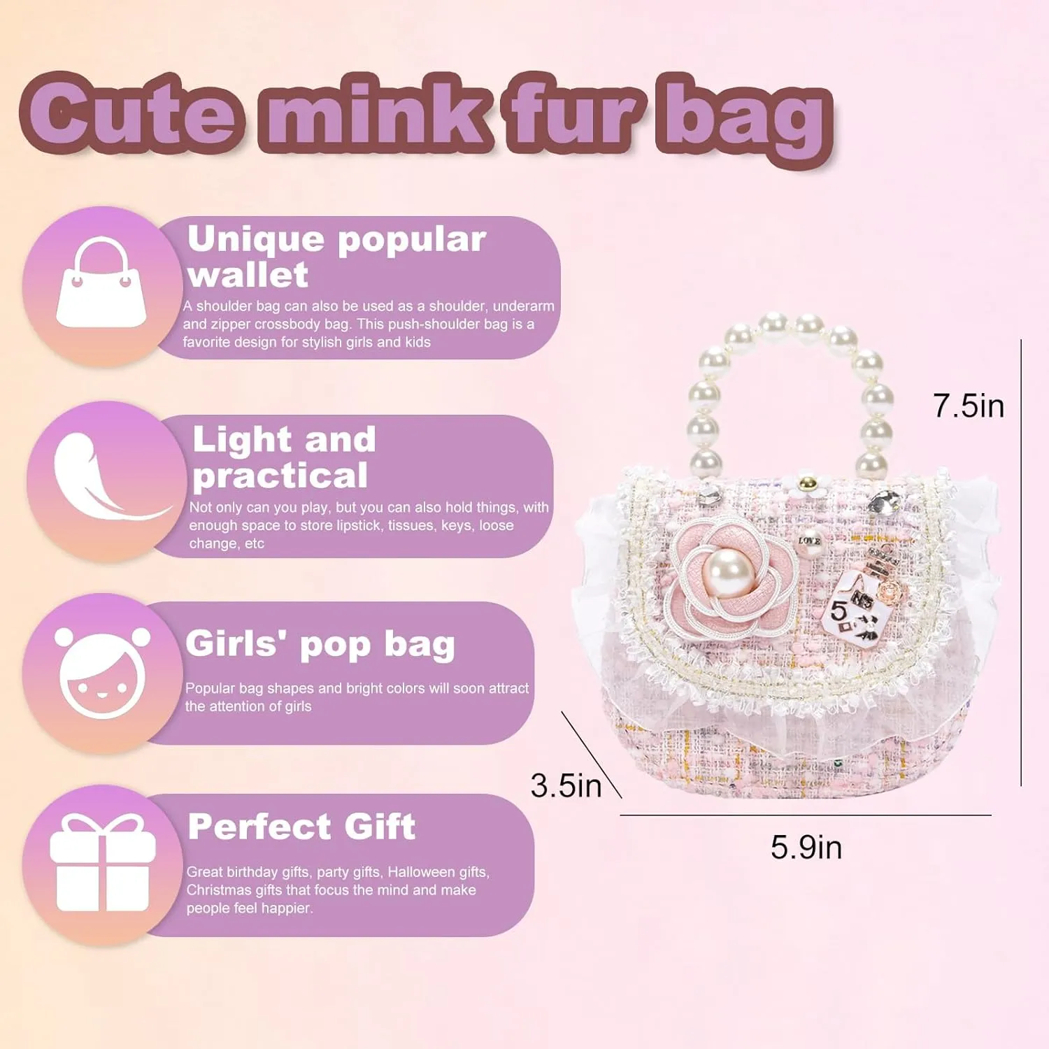 Girls Princess Purses Cute Bunny Toddler Crossbody Bag Handbag with Pearl Handle Shoulder Chain Bag