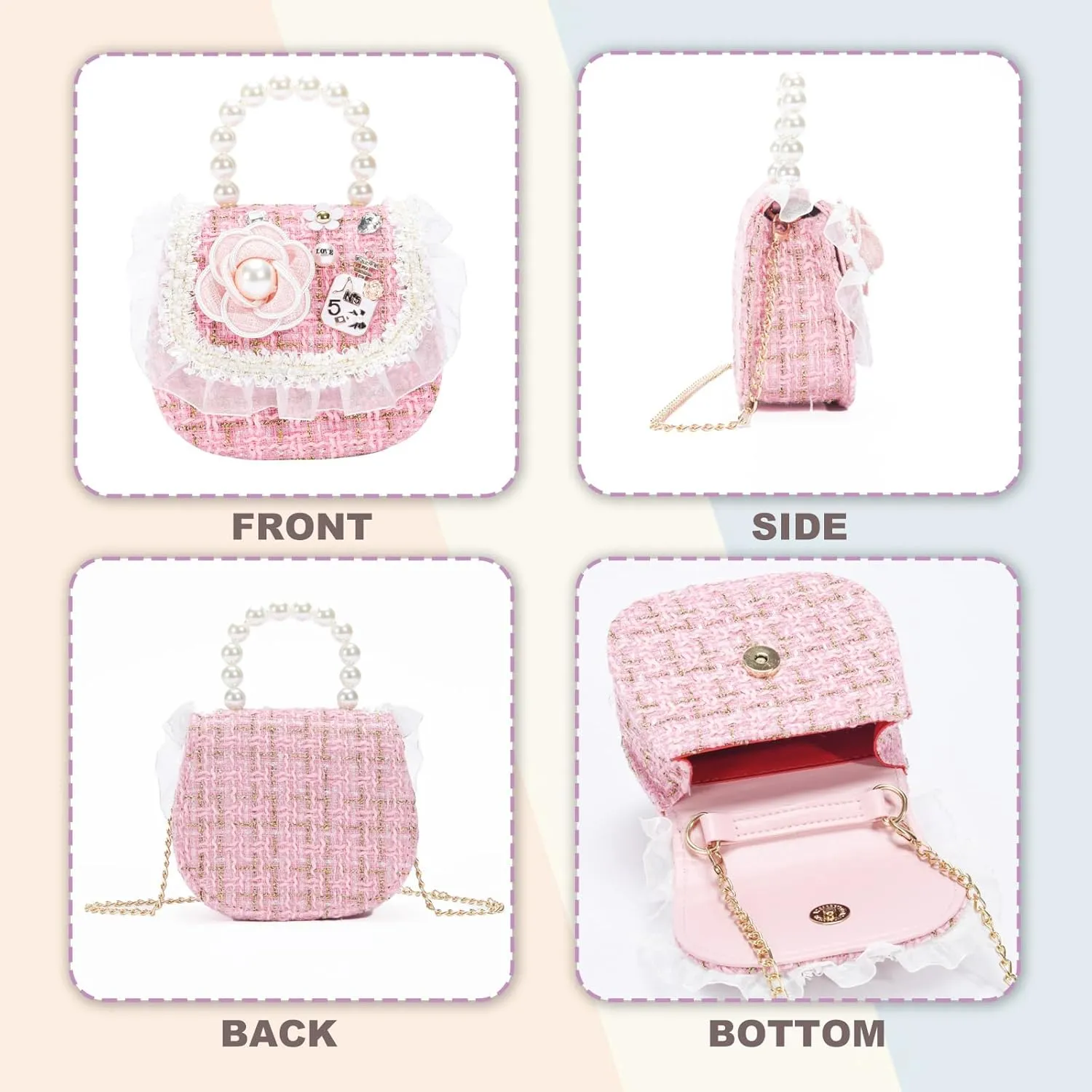 Girls Princess Purses Cute Bunny Toddler Crossbody Bag Handbag with Pearl Handle Shoulder Chain Bag