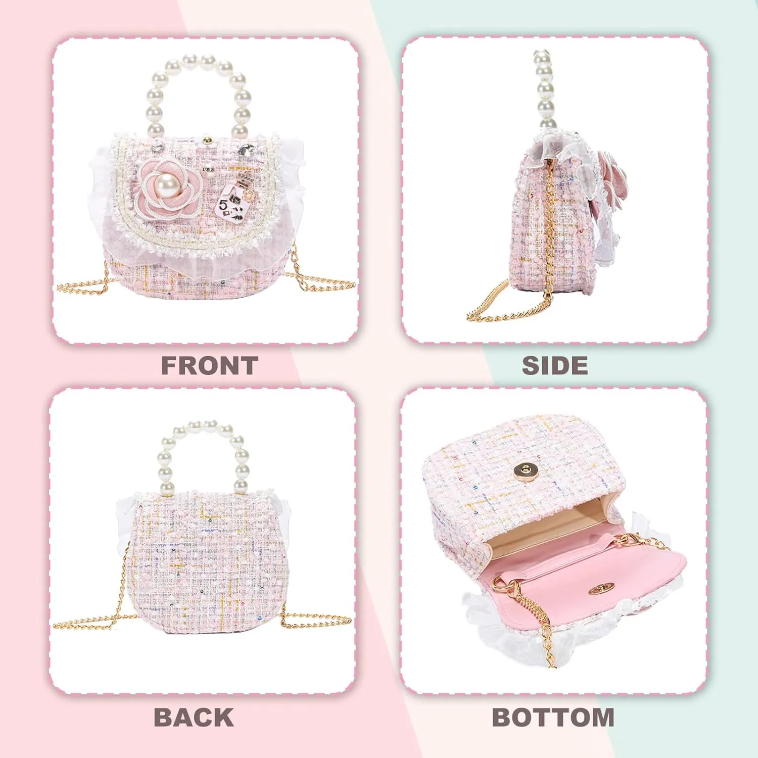 Girls Princess Purses Cute Bunny Toddler Crossbody Bag Handbag with Pearl Handle Shoulder Chain Bag