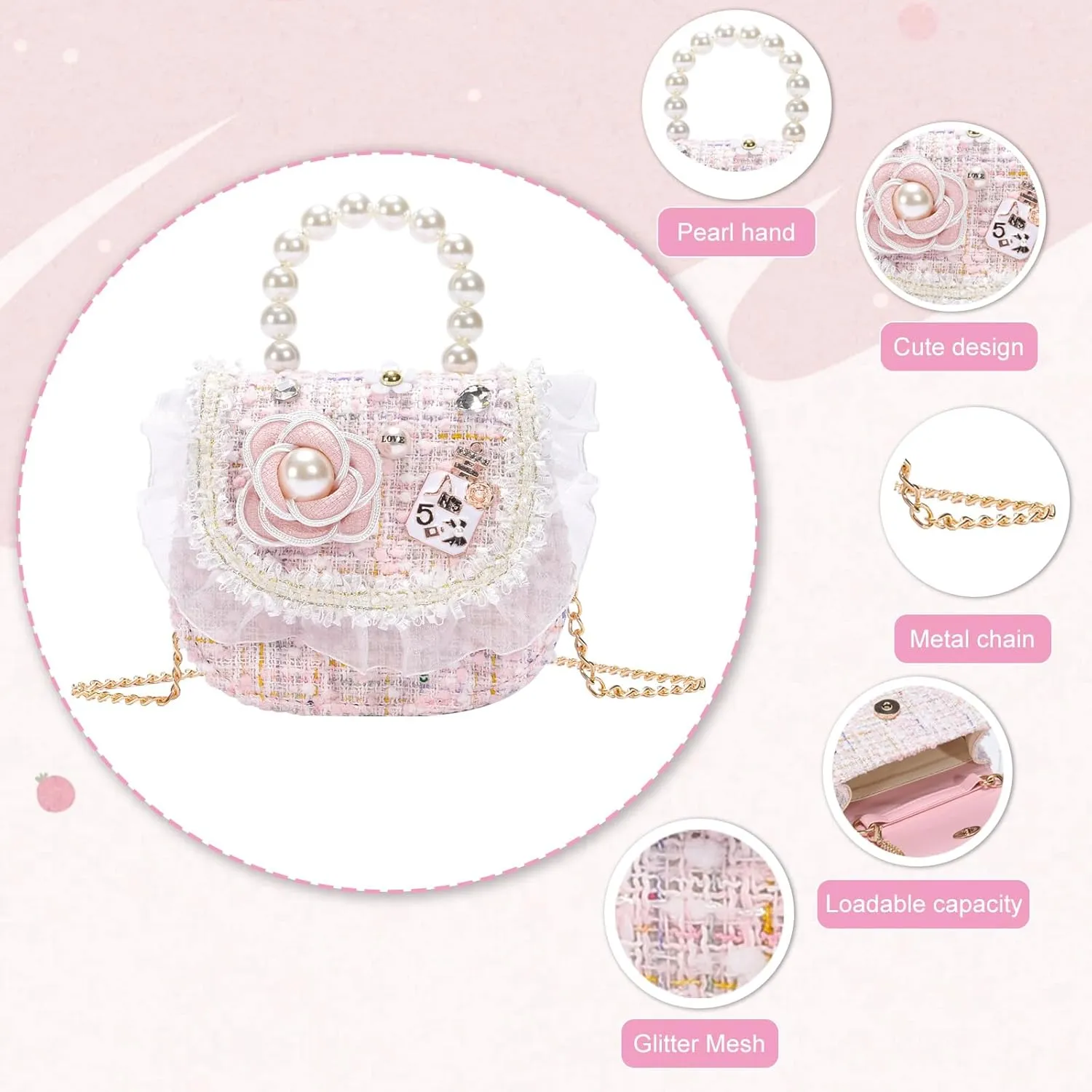 Girls Princess Purses Cute Bunny Toddler Crossbody Bag Handbag with Pearl Handle Shoulder Chain Bag