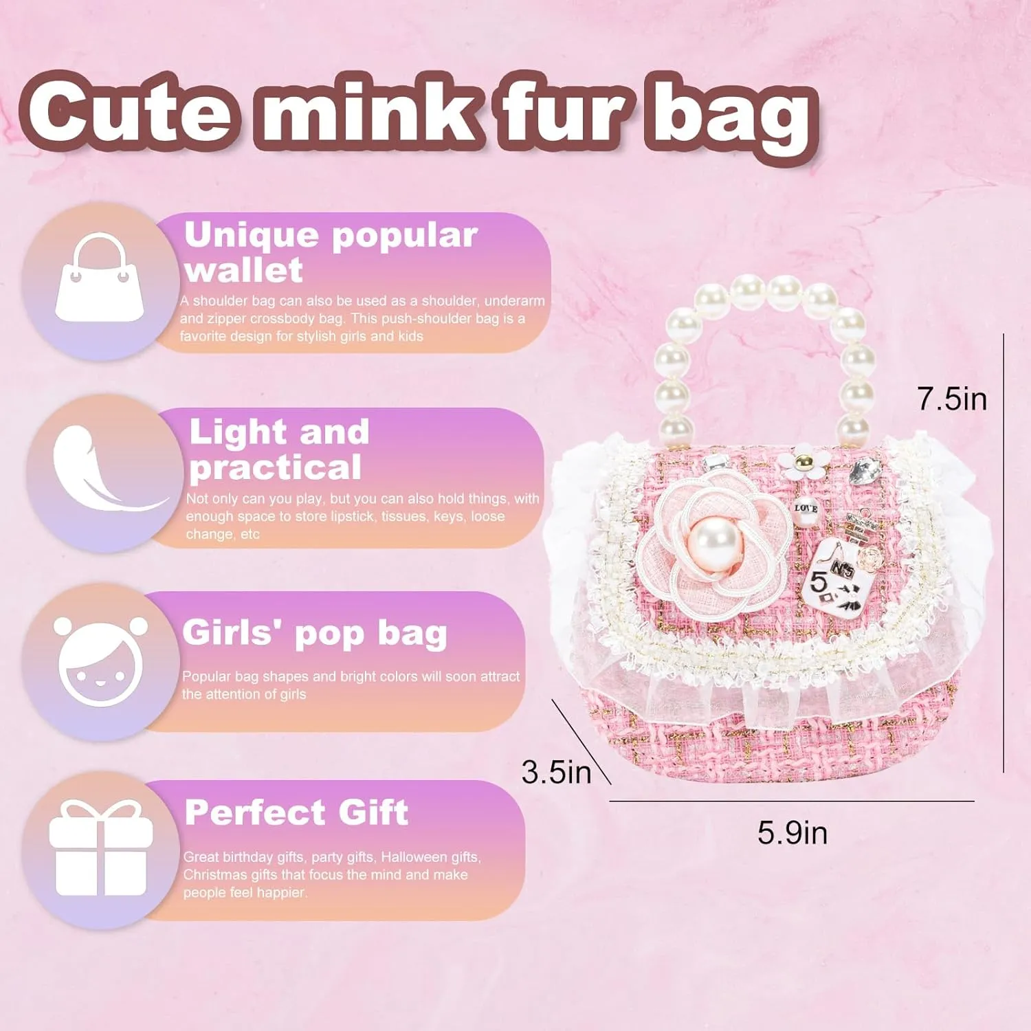 Girls Princess Purses Cute Bunny Toddler Crossbody Bag Handbag with Pearl Handle Shoulder Chain Bag