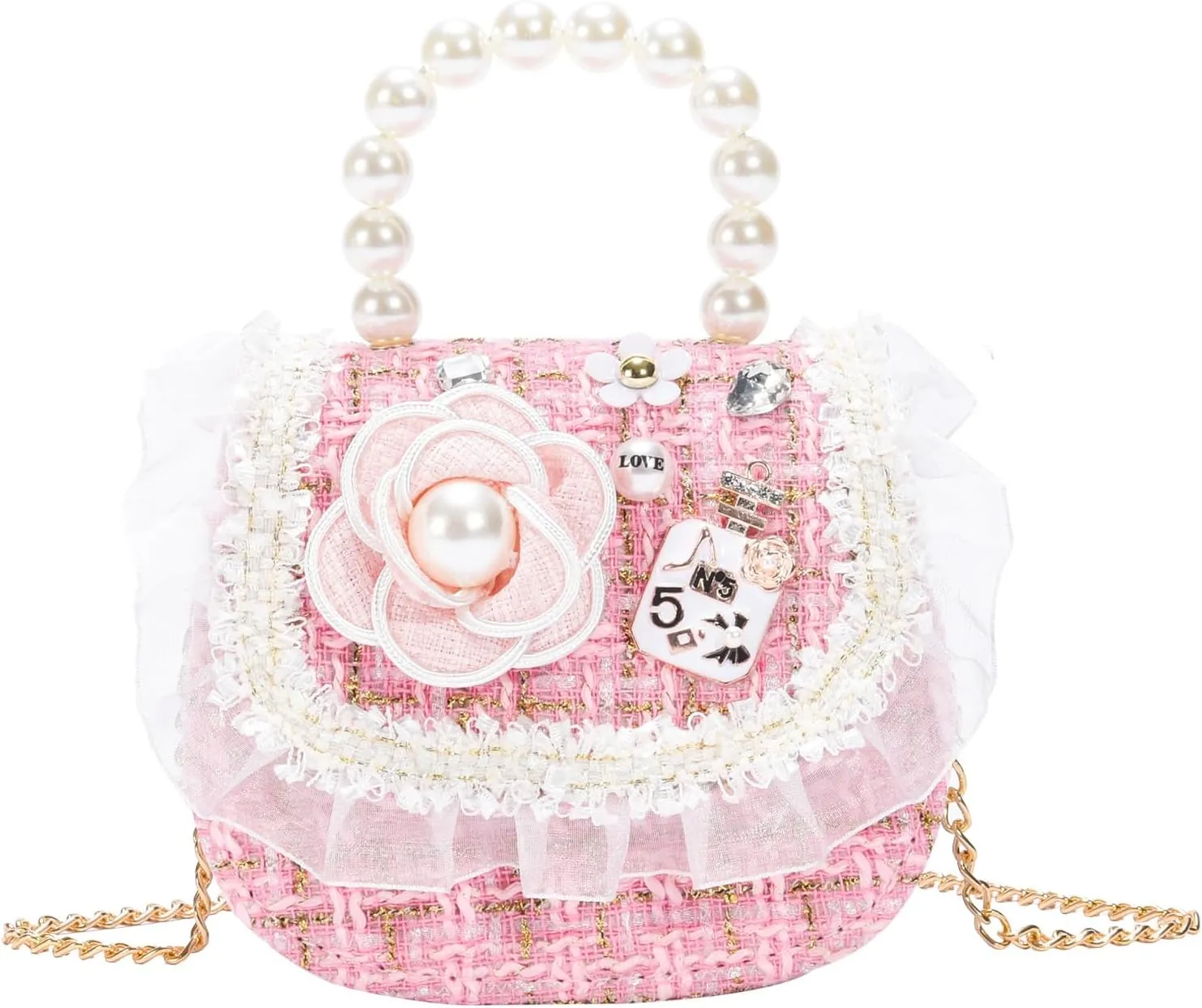 Girls Princess Purses Cute Bunny Toddler Crossbody Bag Handbag with Pearl Handle Shoulder Chain Bag
