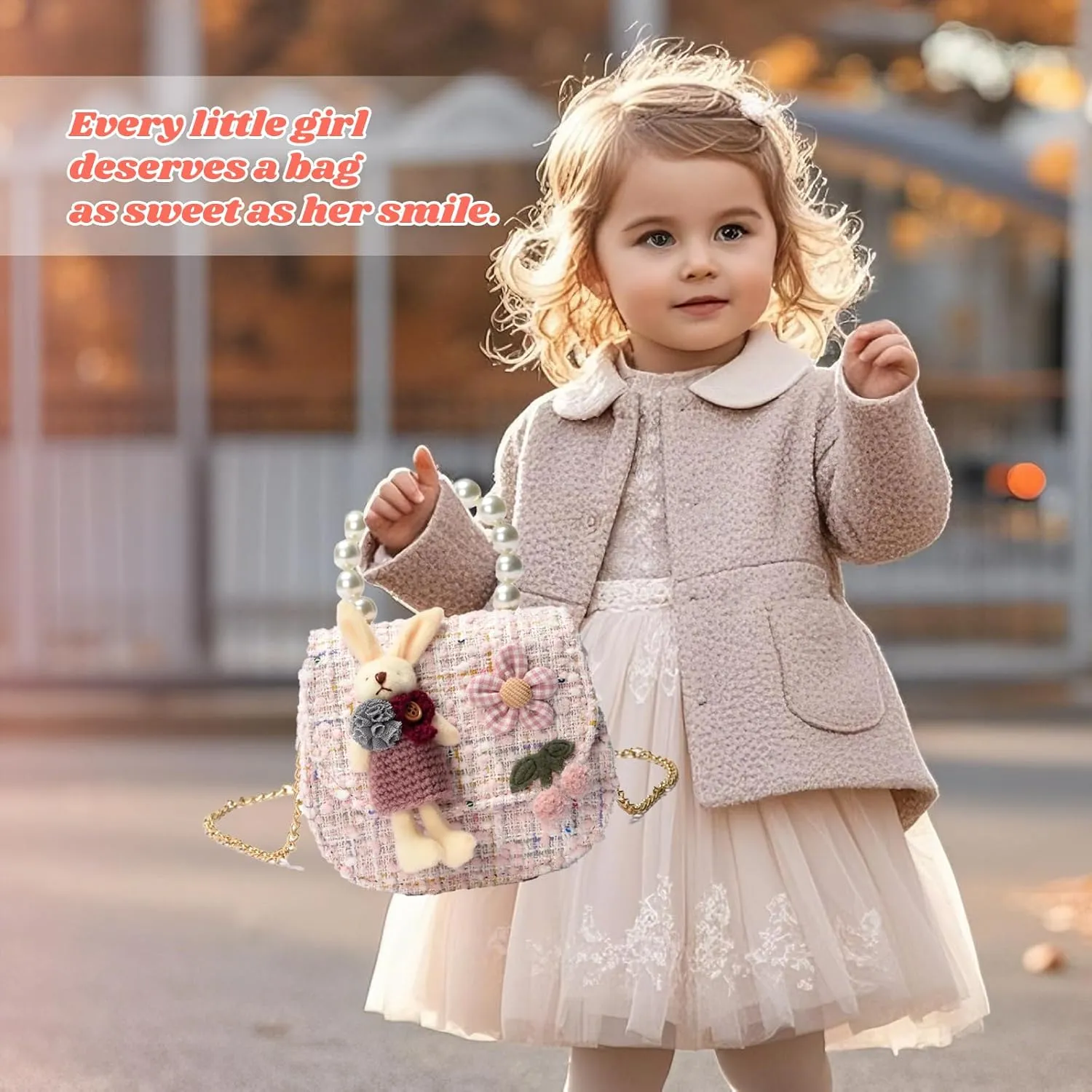 Girls Princess Purses Cute Bunny Toddler Crossbody Bag Handbag with Pearl Handle Shoulder Chain Bag
