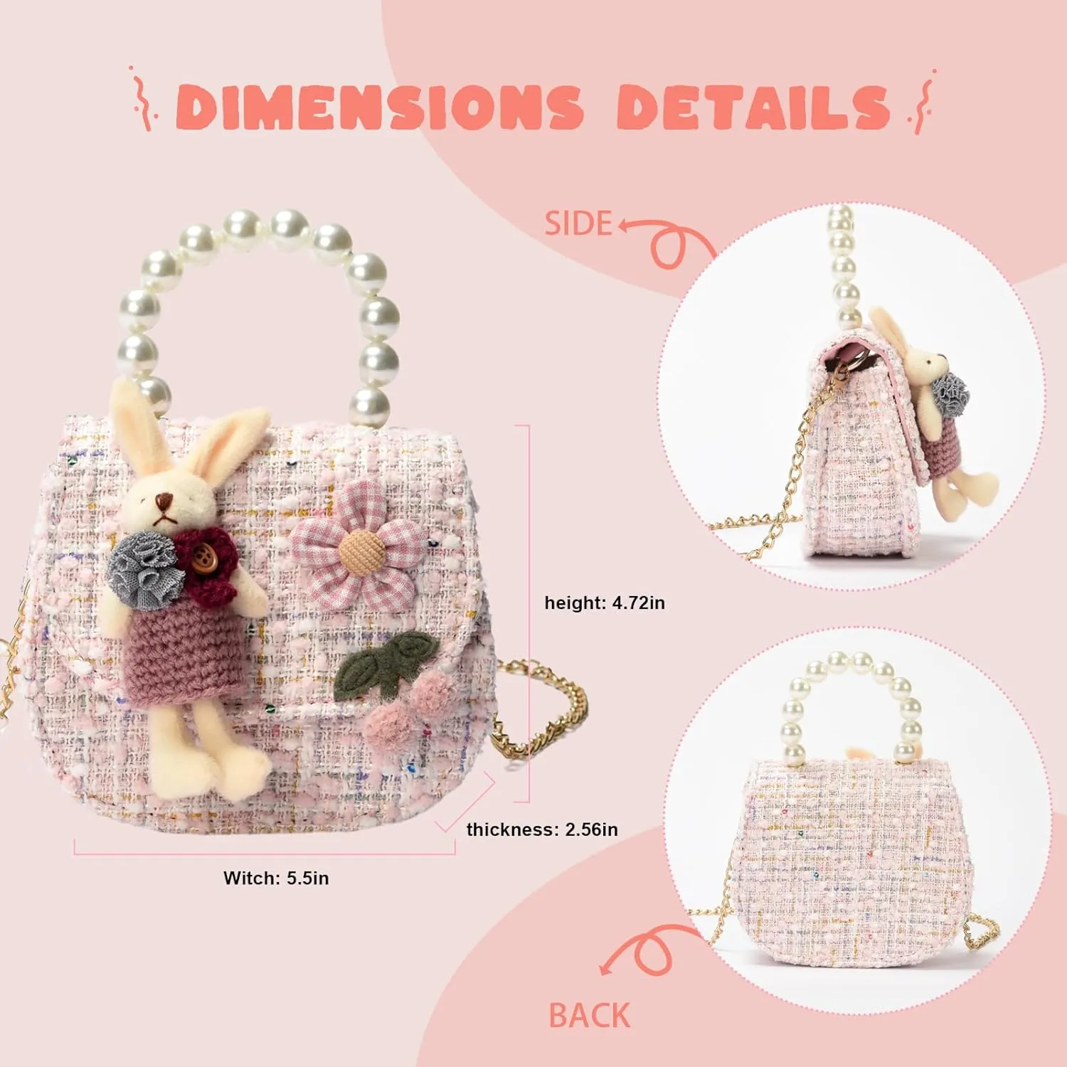 Girls Princess Purses Cute Bunny Toddler Crossbody Bag Handbag with Pearl Handle Shoulder Chain Bag