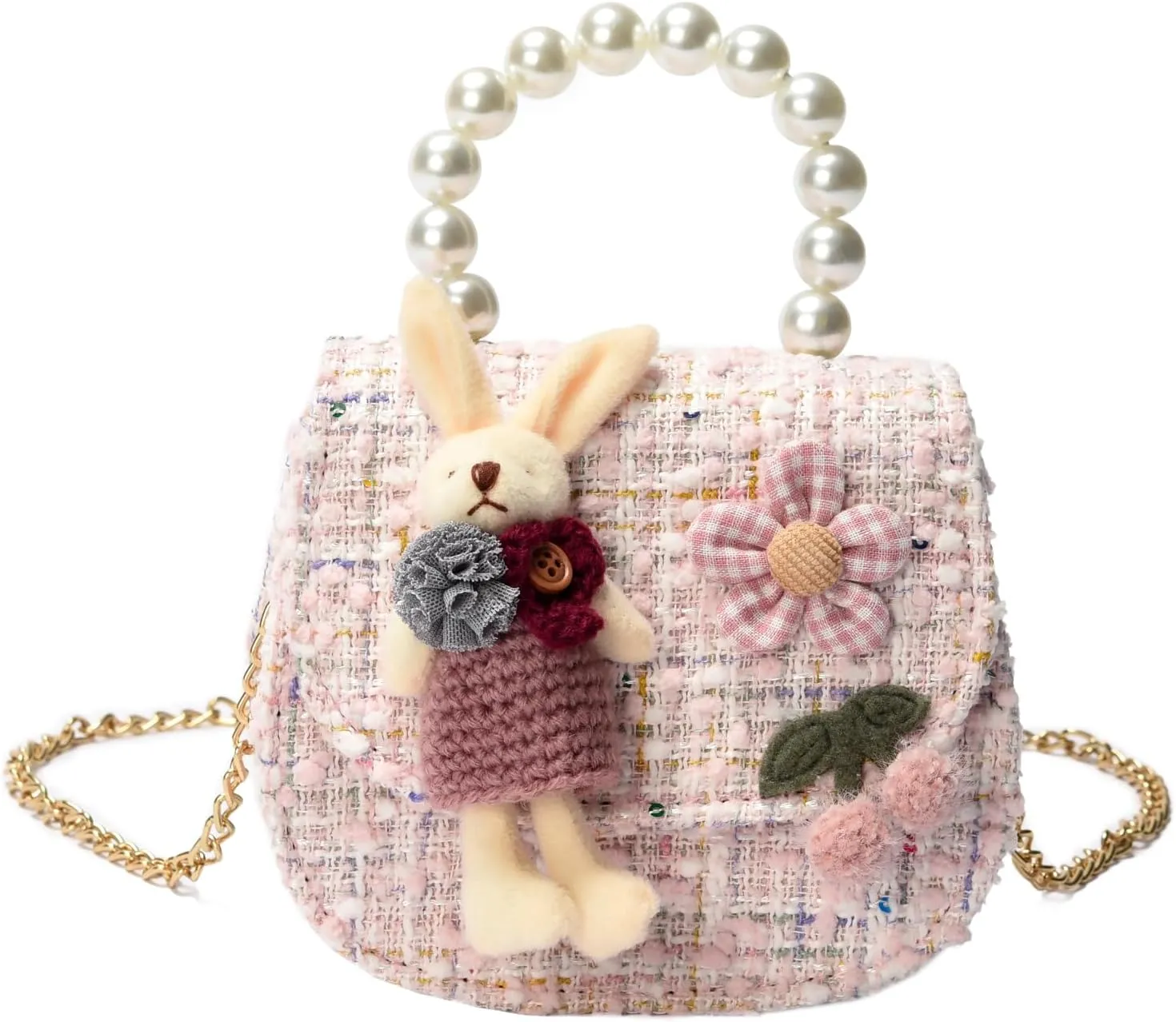 Girls Princess Purses Cute Bunny Toddler Crossbody Bag Handbag with Pearl Handle Shoulder Chain Bag