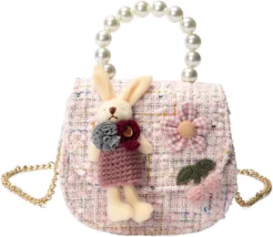 Girls Princess Purses Cute Bunny Toddler Crossbody Bag Handbag with Pearl Handle Shoulder Chain Bag
