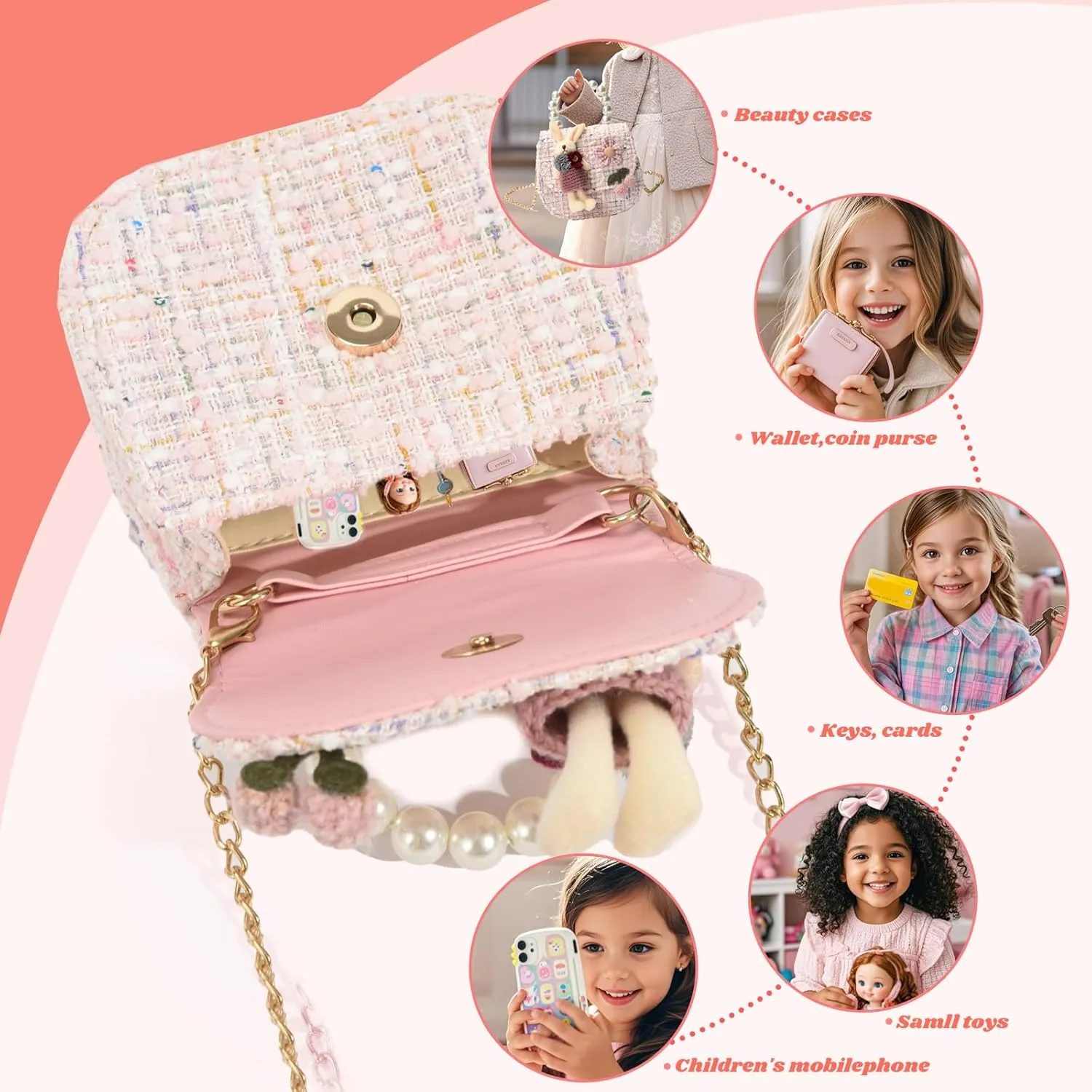 Girls Princess Purses Cute Bunny Toddler Crossbody Bag Handbag with Pearl Handle Shoulder Chain Bag