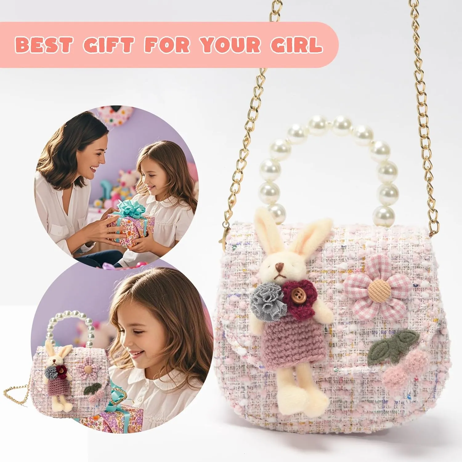 Girls Princess Purses Cute Bunny Toddler Crossbody Bag Handbag with Pearl Handle Shoulder Chain Bag