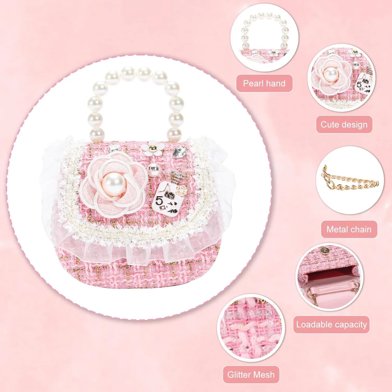 Girls Princess Purses Cute Bunny Toddler Crossbody Bag Handbag with Pearl Handle Shoulder Chain Bag