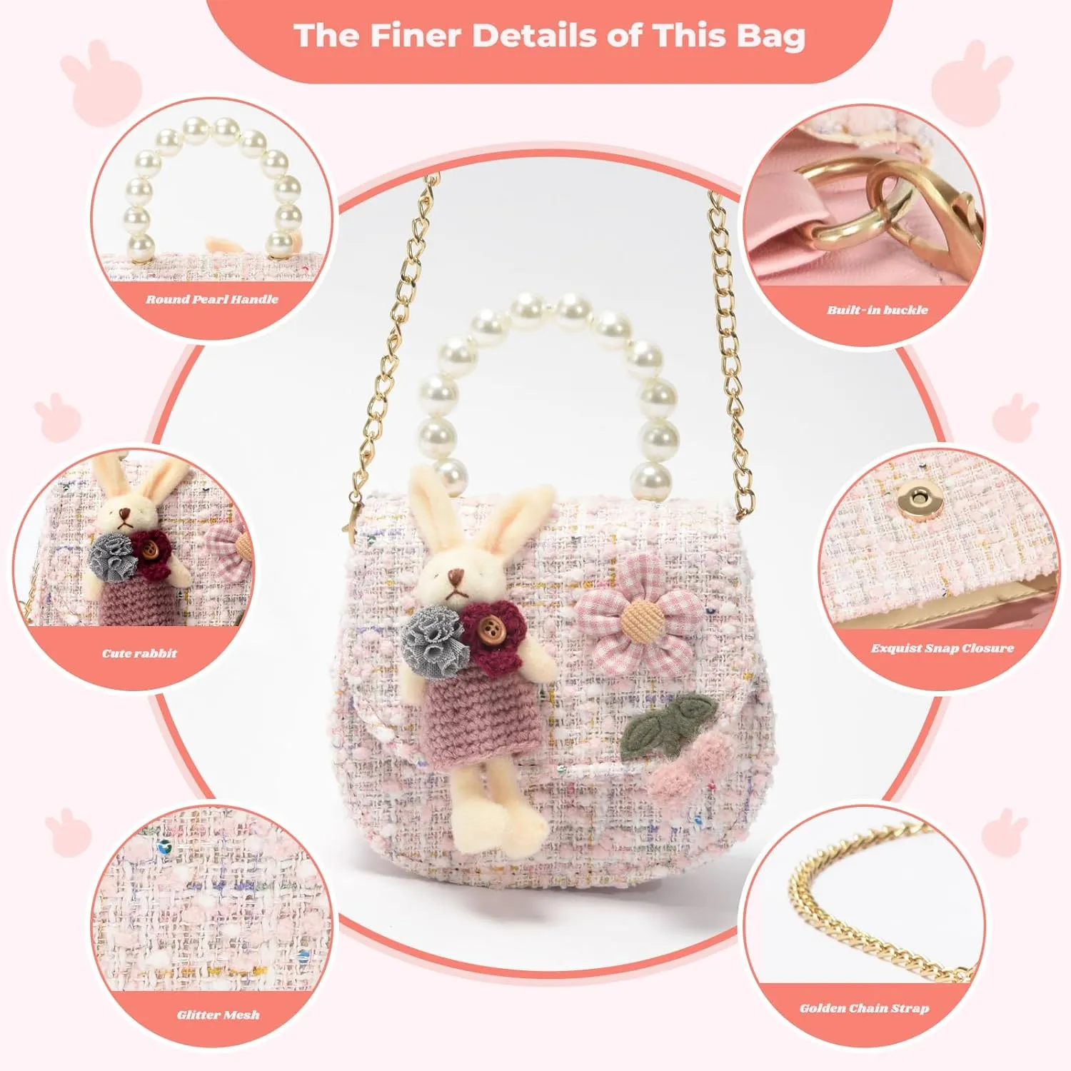 Girls Princess Purses Cute Bunny Toddler Crossbody Bag Handbag with Pearl Handle Shoulder Chain Bag