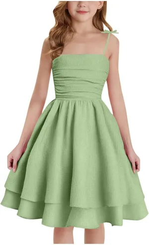 Girl's Sleeveless Dress Smocked Ruched Dresses A Line Swing Layered Dress Formal Cami Dresses Party Prom Gowns