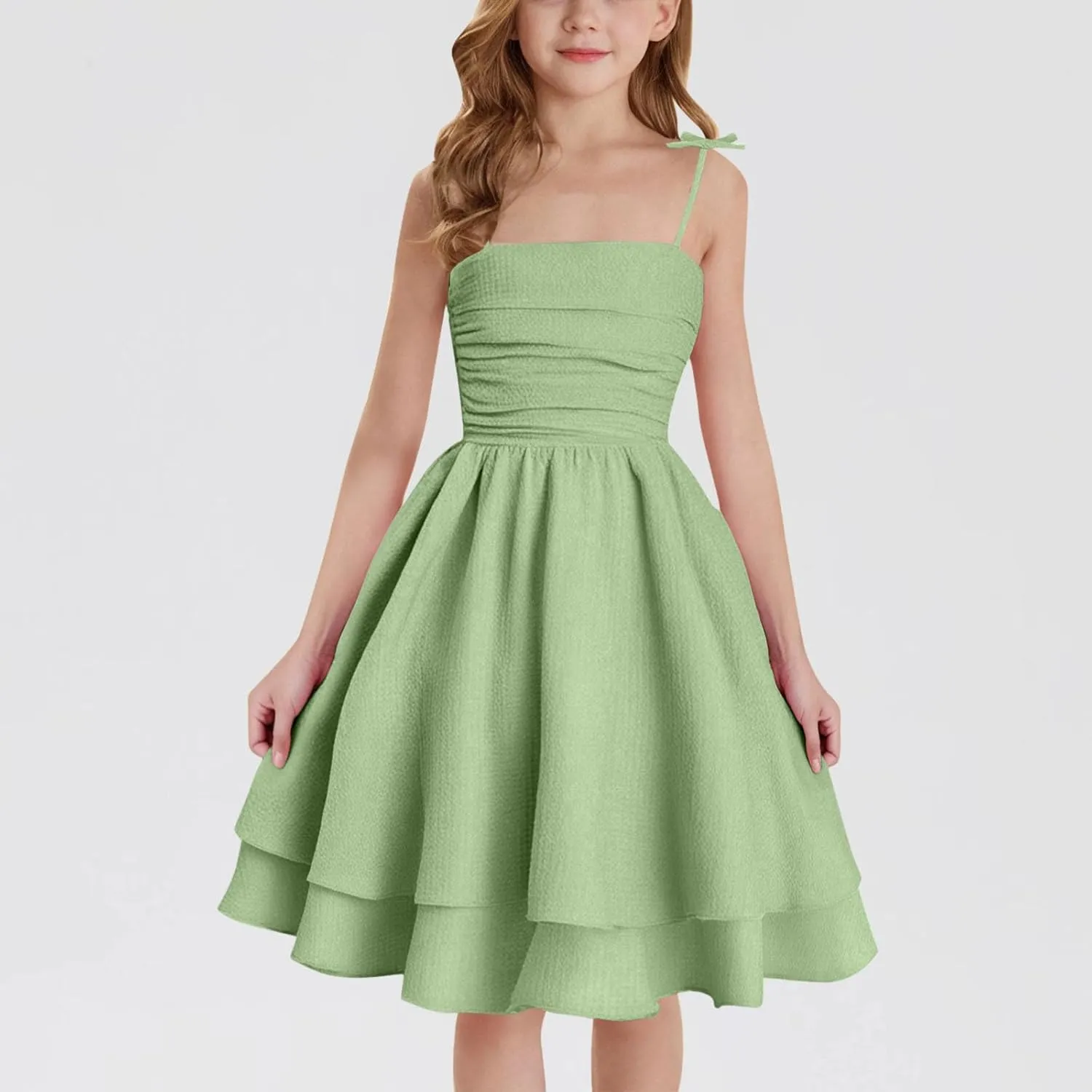 Girl's Sleeveless Dress Smocked Ruched Dresses A Line Swing Layered Dress Formal Cami Dresses Party Prom Gowns