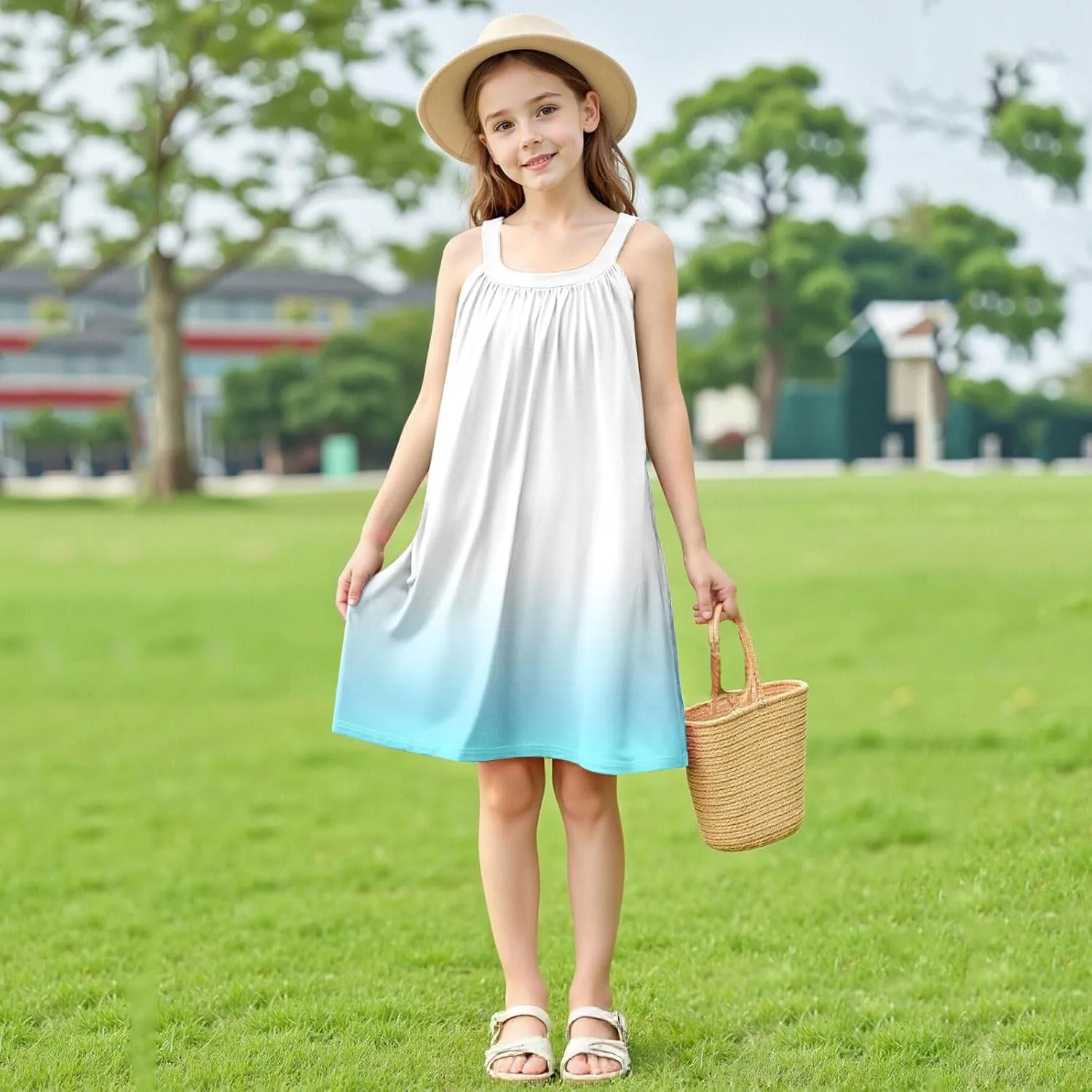 Girl's Summer Dress Casual Sleeveless Dresses Spaghetti Strap Twirl Swing Sundress Contrast Dress Beach Dresses