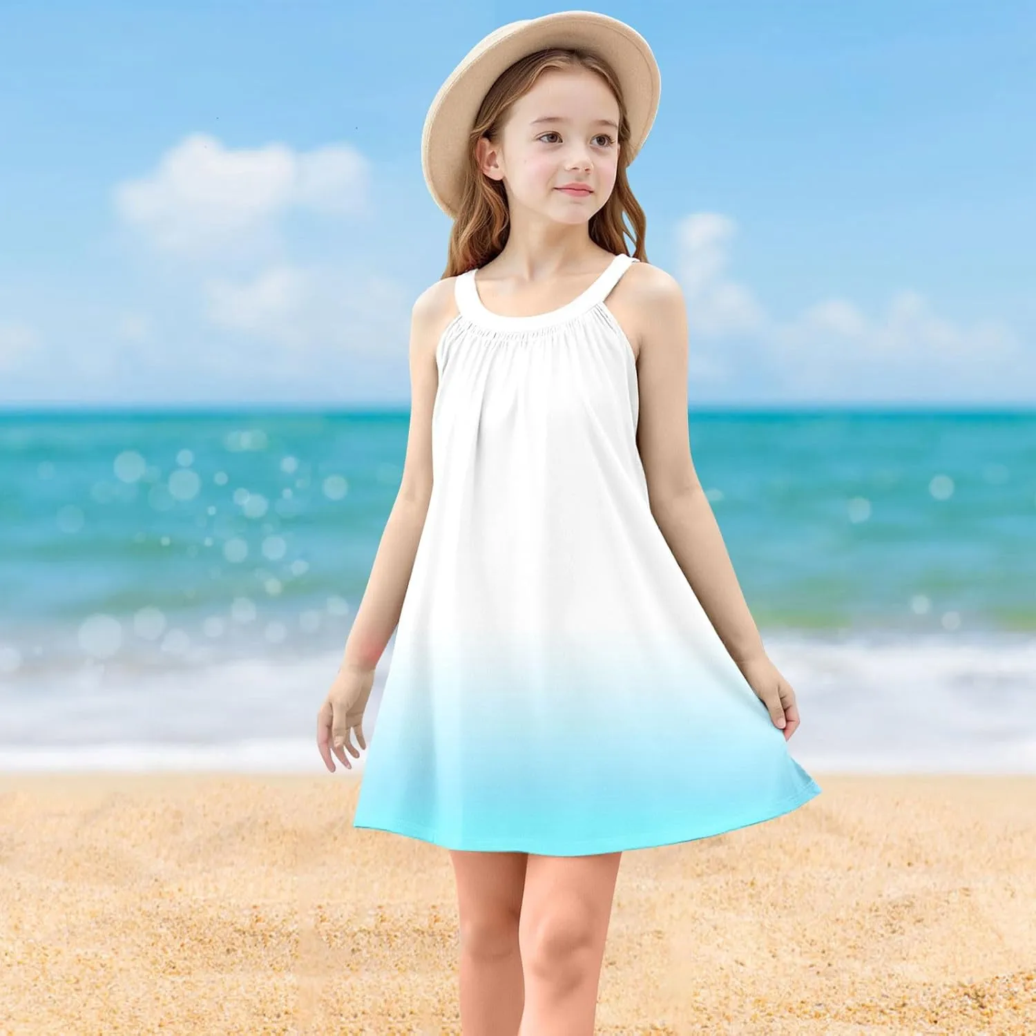 Girl's Summer Dress Casual Sleeveless Dresses Spaghetti Strap Twirl Swing Sundress Contrast Dress Beach Dresses