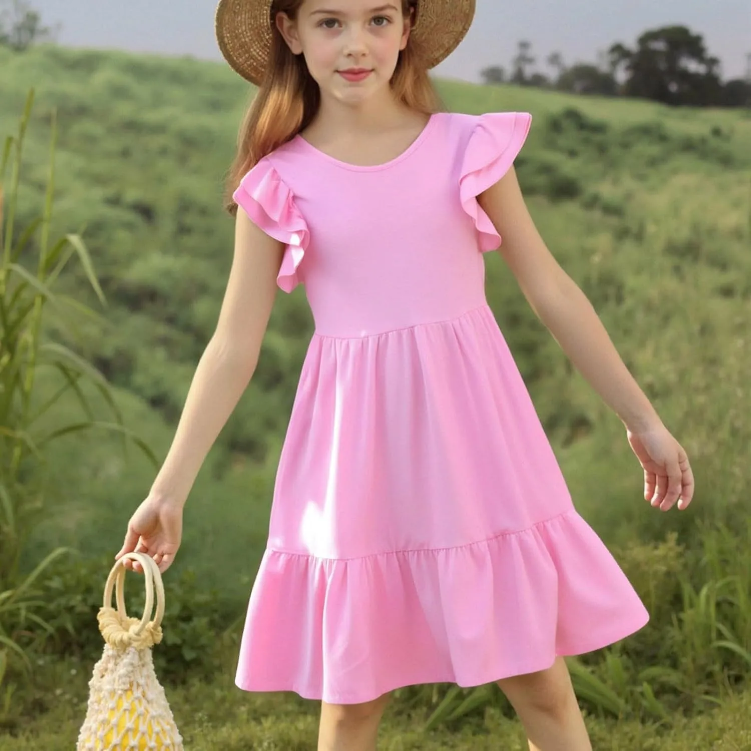 Girl's Summer Dresses Double Layer Ruffle Sleeve Dress Boho A Line Dress Swing Twirly Sundress Kids Casual Dresses