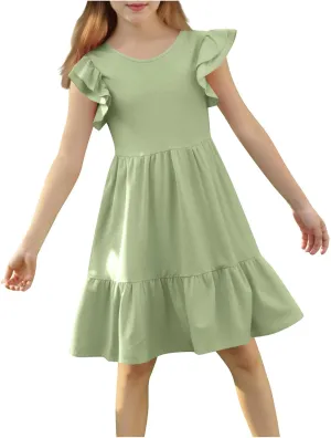 Girl's Summer Dresses Double Layer Ruffle Sleeve Dress Boho A Line Dress Swing Twirly Sundress Kids Casual Dresses