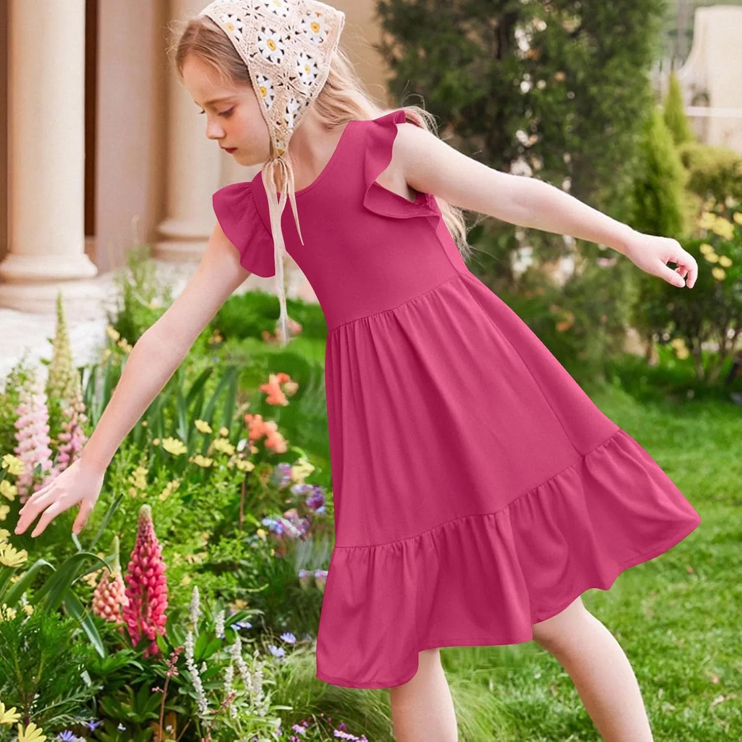 Girl's Summer Dresses Double Layer Ruffle Sleeve Dress Boho A Line Dress Swing Twirly Sundress Kids Casual Dresses