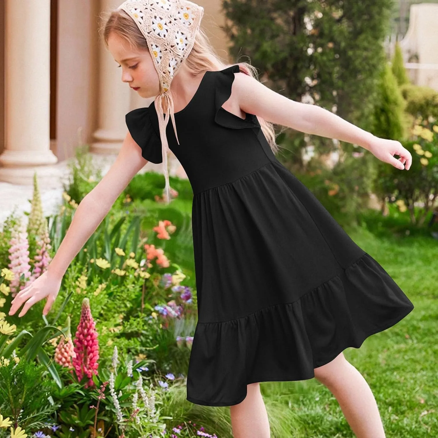 Girl's Summer Dresses Double Layer Ruffle Sleeve Dress Boho A Line Dress Swing Twirly Sundress Kids Casual Dresses