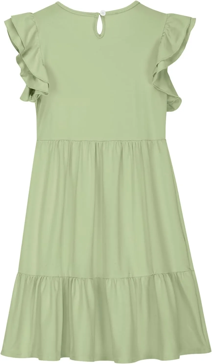 Girl's Summer Dresses Double Layer Ruffle Sleeve Dress Boho A Line Dress Swing Twirly Sundress Kids Casual Dresses