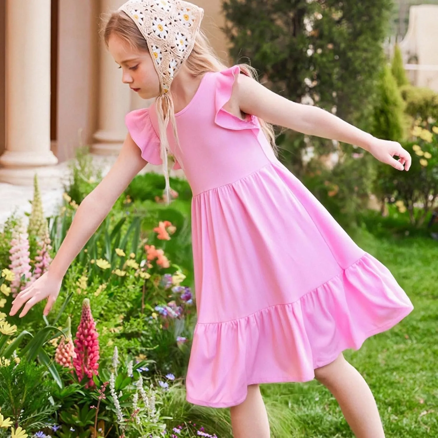 Girl's Summer Dresses Double Layer Ruffle Sleeve Dress Boho A Line Dress Swing Twirly Sundress Kids Casual Dresses