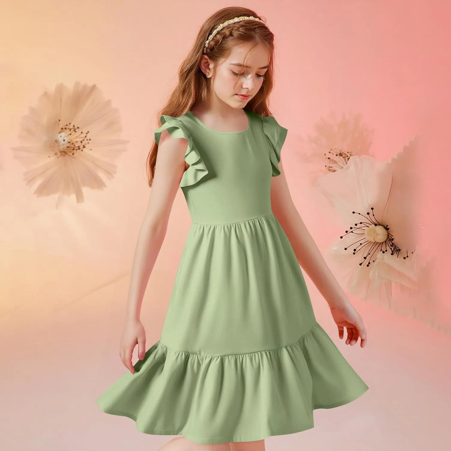 Girl's Summer Dresses Double Layer Ruffle Sleeve Dress Boho A Line Dress Swing Twirly Sundress Kids Casual Dresses