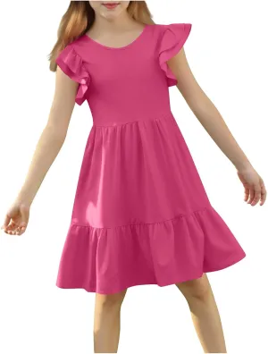 Girl's Summer Dresses Double Layer Ruffle Sleeve Dress Boho A Line Dress Swing Twirly Sundress Kids Casual Dresses