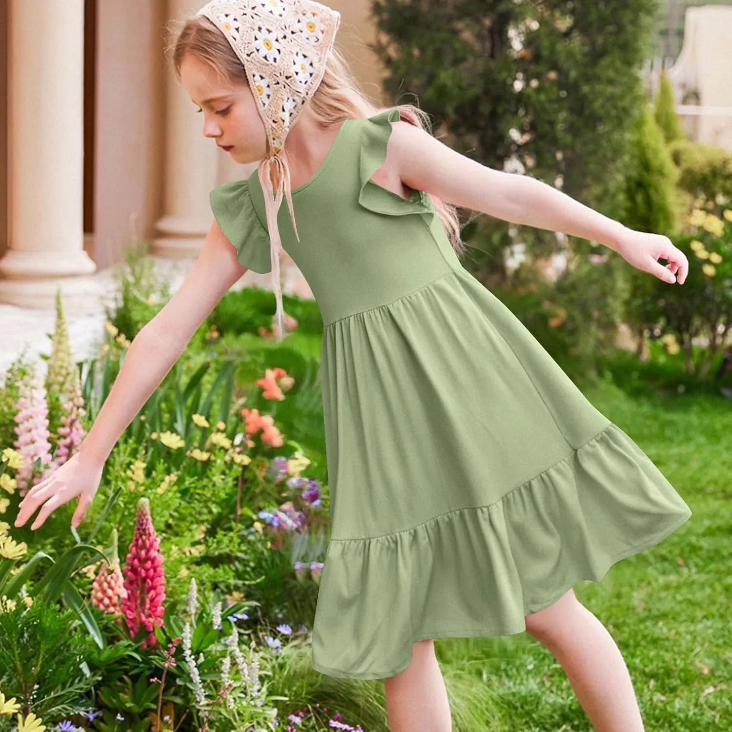 Girl's Summer Dresses Double Layer Ruffle Sleeve Dress Boho A Line Dress Swing Twirly Sundress Kids Casual Dresses