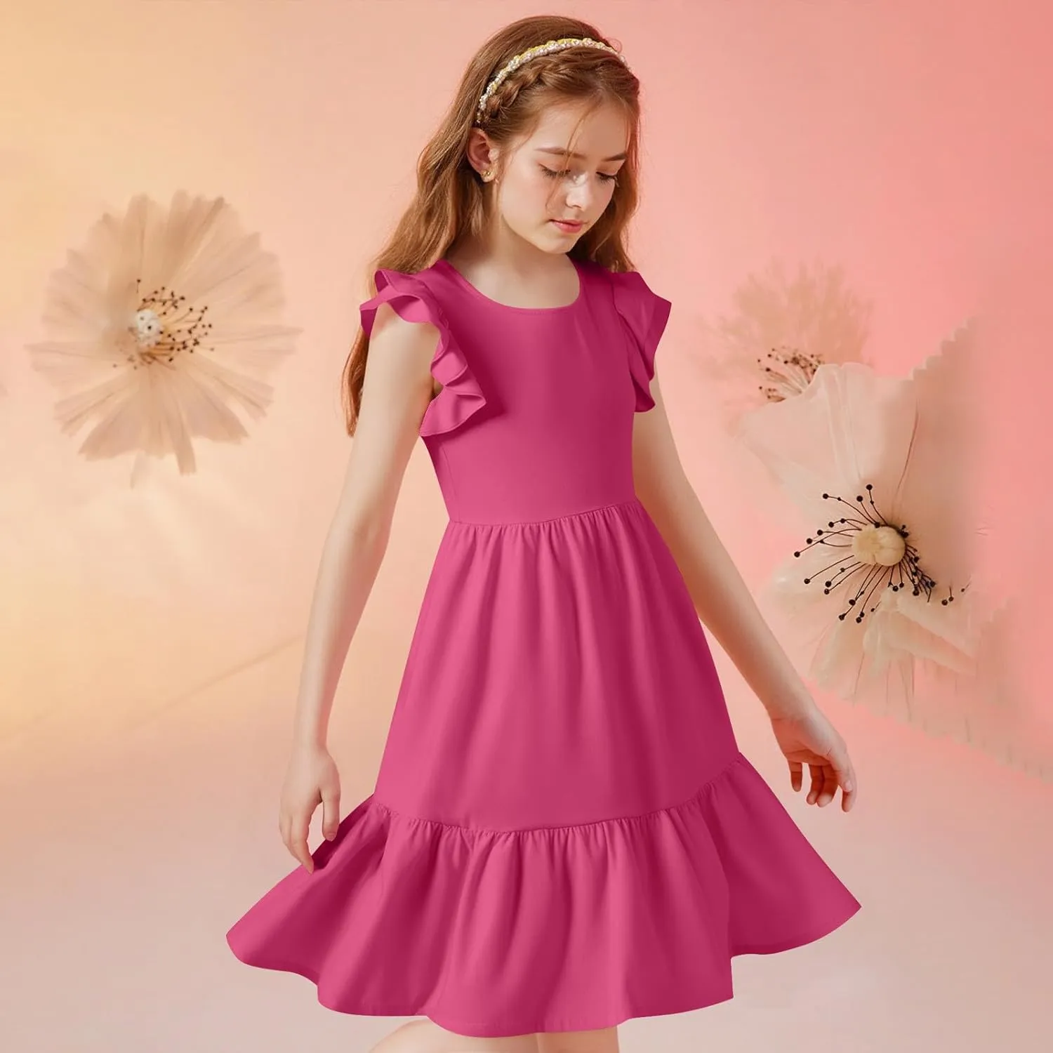 Girl's Summer Dresses Double Layer Ruffle Sleeve Dress Boho A Line Dress Swing Twirly Sundress Kids Casual Dresses