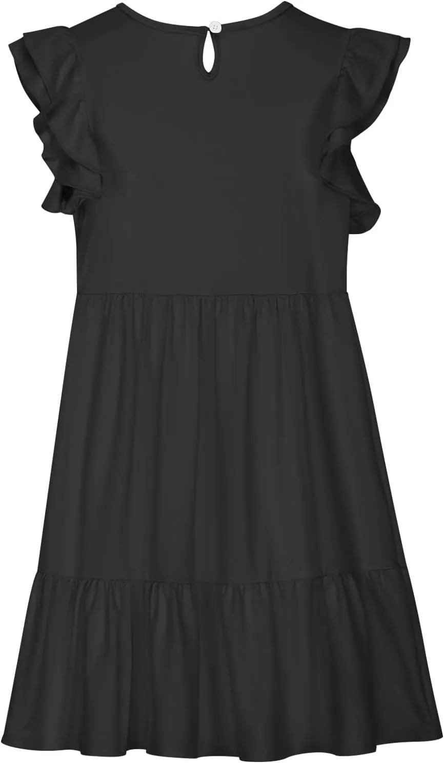 Girl's Summer Dresses Double Layer Ruffle Sleeve Dress Boho A Line Dress Swing Twirly Sundress Kids Casual Dresses