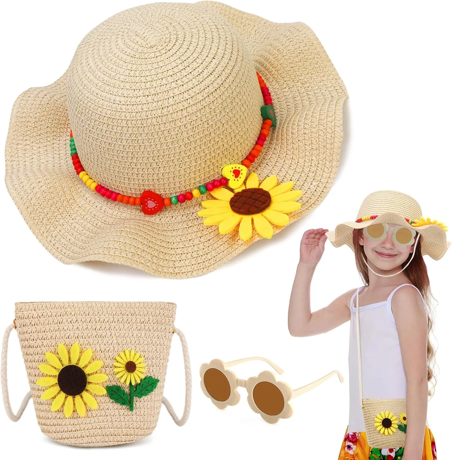 Girls Sun Hat Sunglasses with Sunflower Purse Jewelry Set, Sunflower Summer Straw Hat with Wide Brim for Kids Beach Holidays