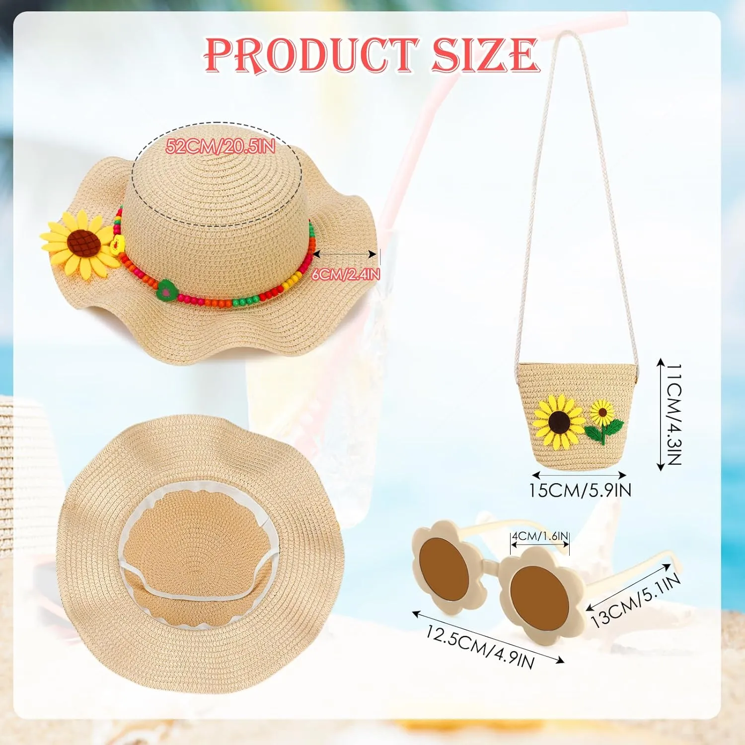 Girls Sun Hat Sunglasses with Sunflower Purse Jewelry Set, Sunflower Summer Straw Hat with Wide Brim for Kids Beach Holidays