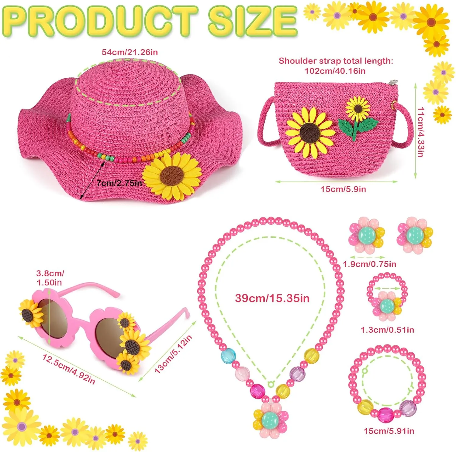 Girls Sun Hat Sunglasses with Sunflower Purse Jewelry Set, Sunflower Summer Straw Hat with Wide Brim for Kids Beach Holidays