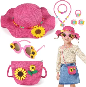 Girls Sun Hat Sunglasses with Sunflower Purse Jewelry Set, Sunflower Summer Straw Hat with Wide Brim for Kids Beach Holidays