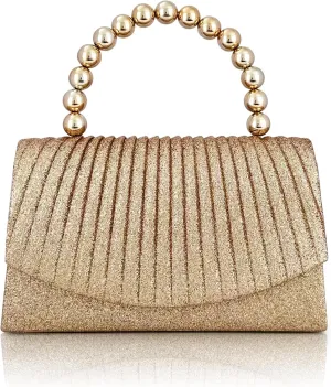 Glamorous Glitter Evening Clutch – Pearl String Embellishment, Elegant Pleated Design, Perfect Handbag for Weddings, Parties & Special Occasions