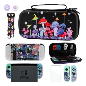 GLDRAM Magical Mushroom Carrying Case for Nintendo Switch Durable Travel Storage Bag with Glittery Protective Skin Cover Shell & HD Utral Screen Protector & Shoulder Strap & Thumb Caps for Boys Girls