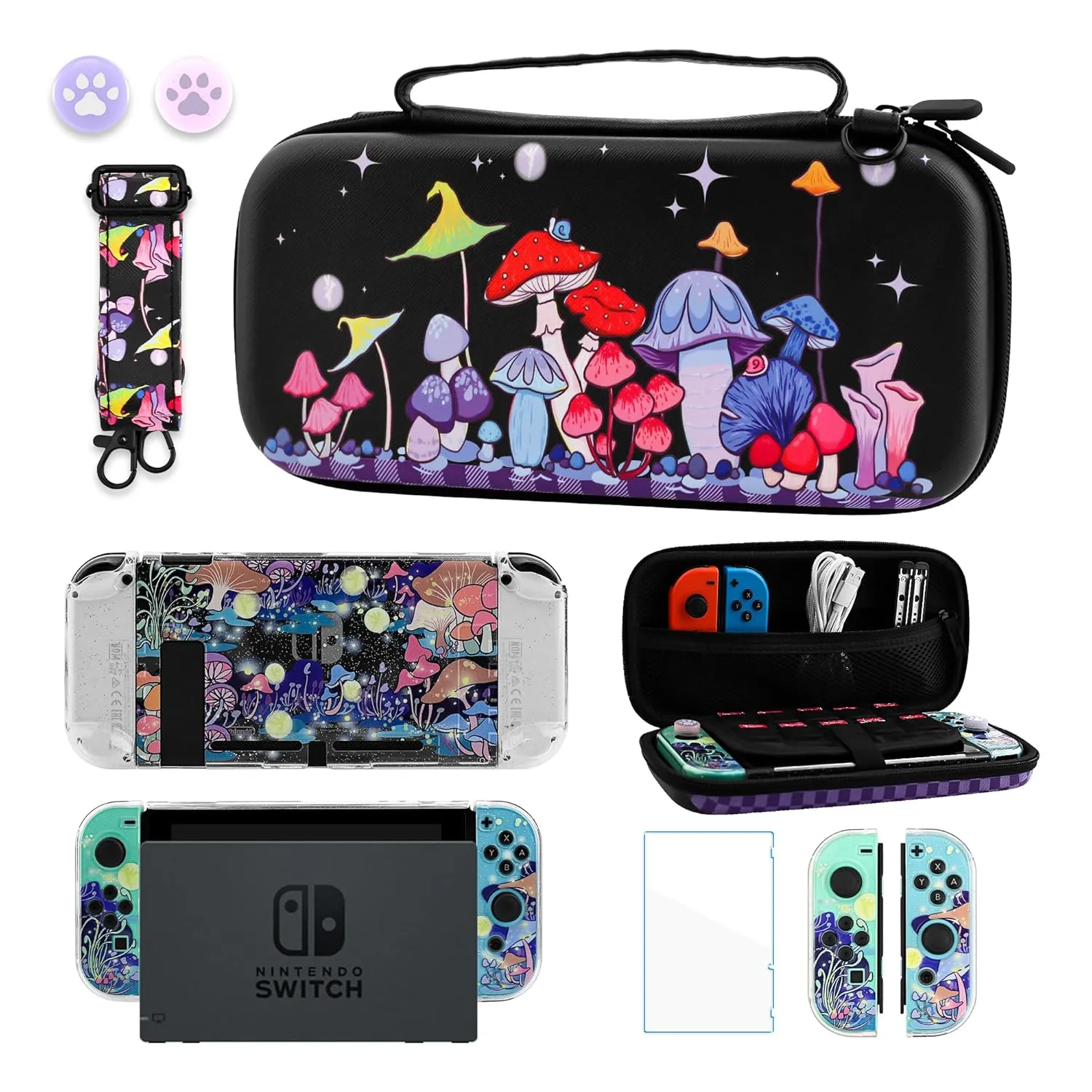 GLDRAM Magical Mushroom Carrying Case for Nintendo Switch Durable Travel Storage Bag with Glittery Protective Skin Cover Shell & HD Utral Screen Protector & Shoulder Strap & Thumb Caps for Boys Girls