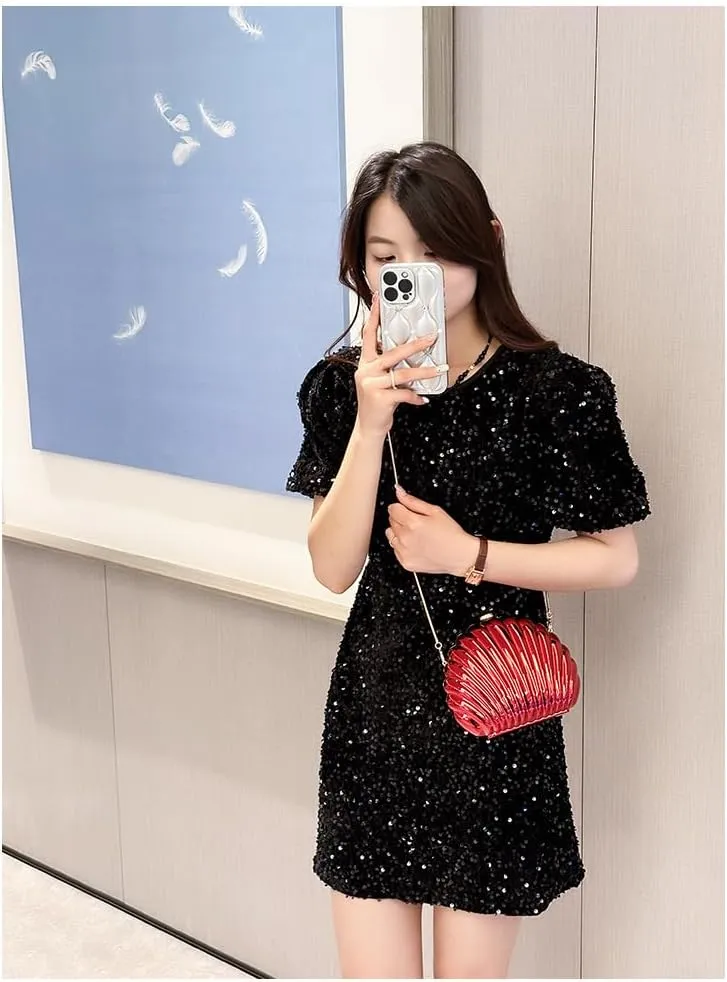 Glitter Seashell Evening Clutch Purse Mini Chain Shoulder Bag Acrylic Shell Pearl Crossbody Bag