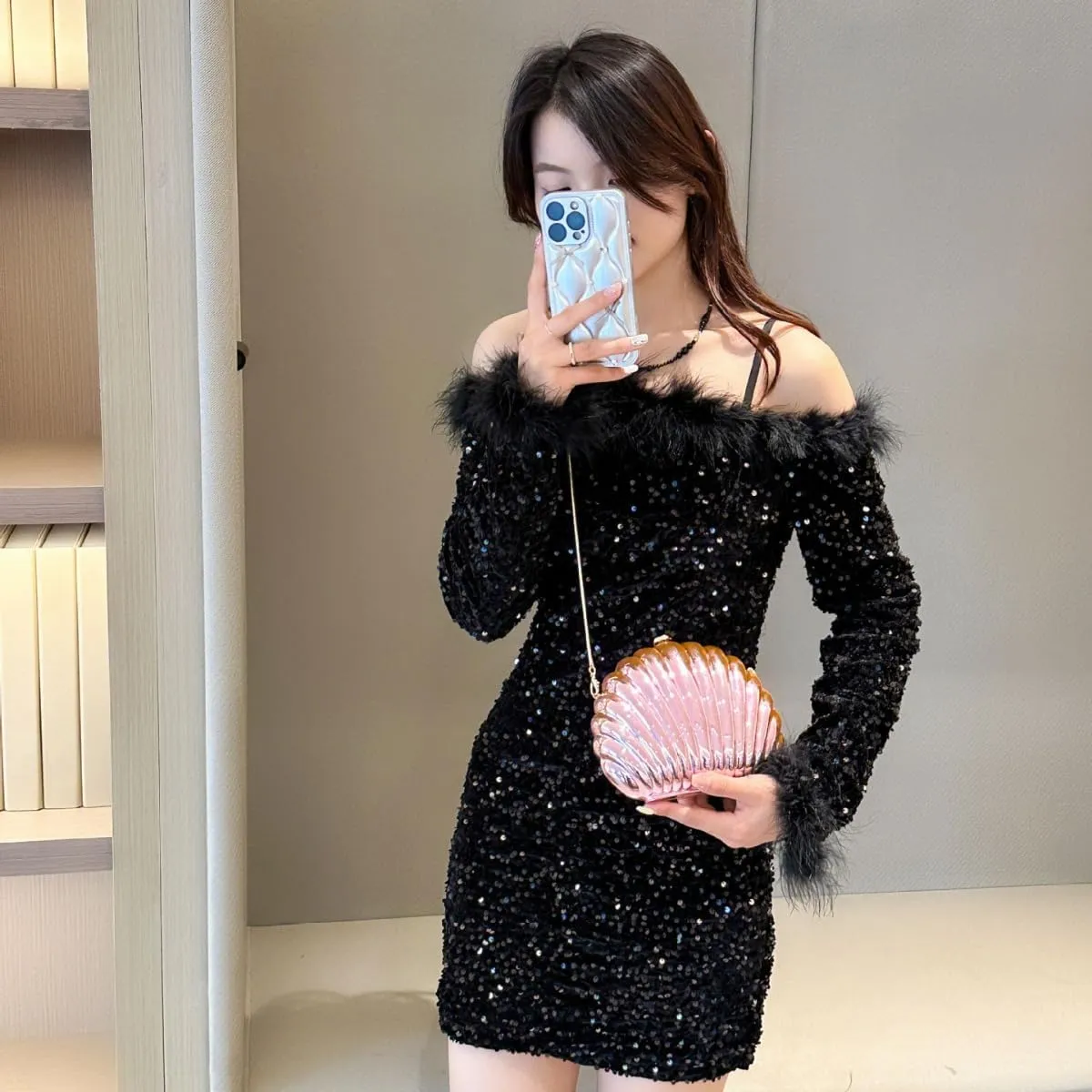 Glitter Seashell Evening Clutch Purse Mini Chain Shoulder Bag Acrylic Shell Pearl Crossbody Bag