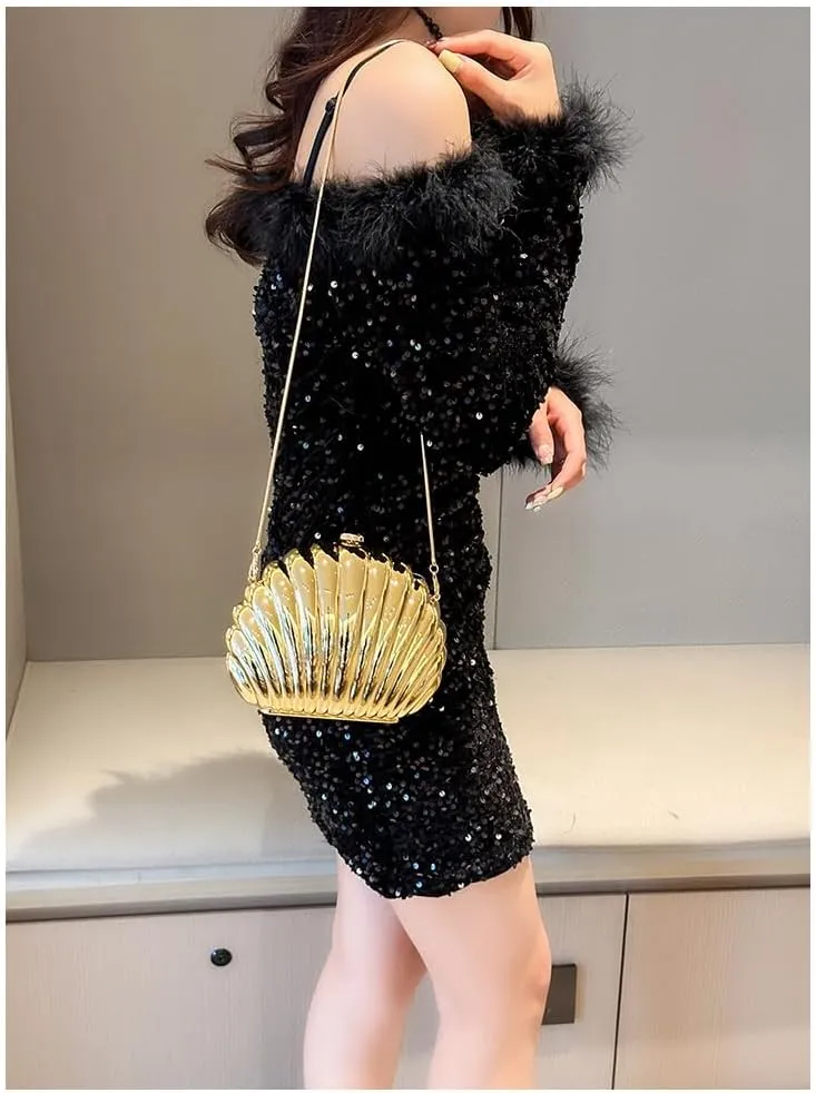 Glitter Seashell Evening Clutch Purse Mini Chain Shoulder Bag Acrylic Shell Pearl Crossbody Bag