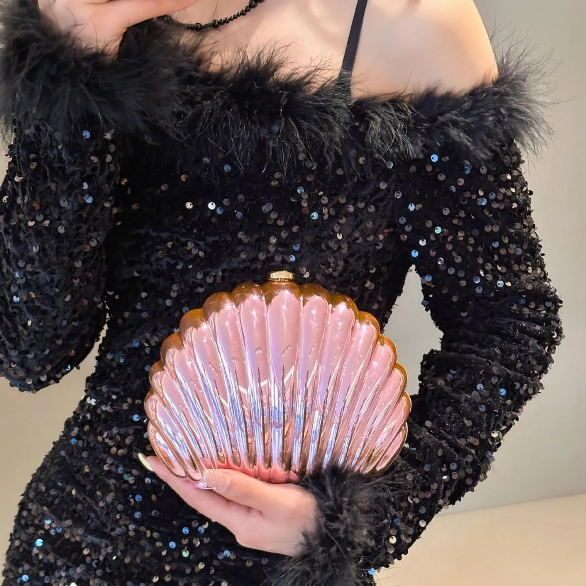 Glitter Seashell Evening Clutch Purse Mini Chain Shoulder Bag Acrylic Shell Pearl Crossbody Bag