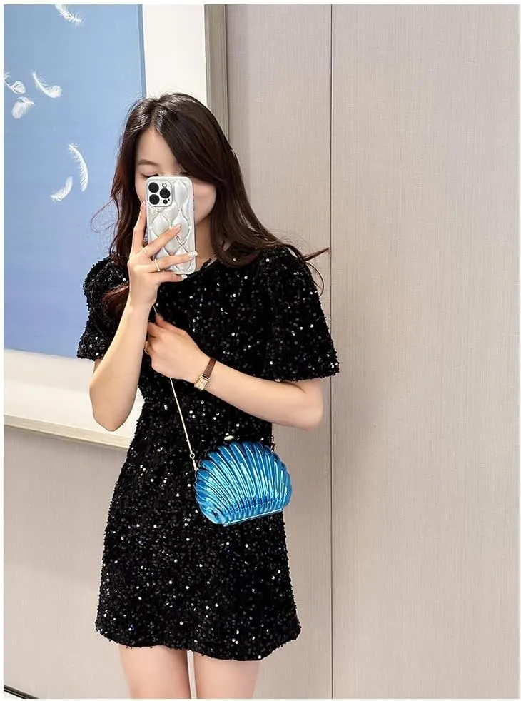 Glitter Seashell Evening Clutch Purse Mini Chain Shoulder Bag Acrylic Shell Pearl Crossbody Bag