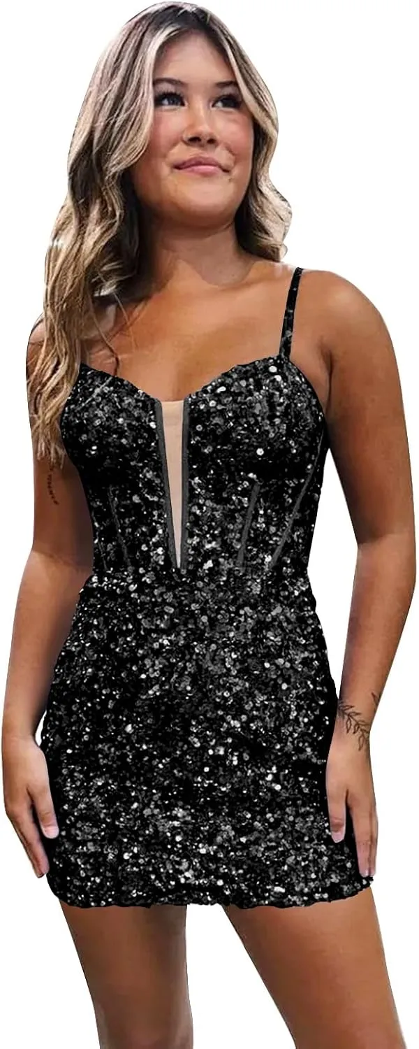 Glitter Sequin Short Tight Homecoming Dresses for Teens Spaghetti Straps Corset Mini Prom Cocktail Gowns