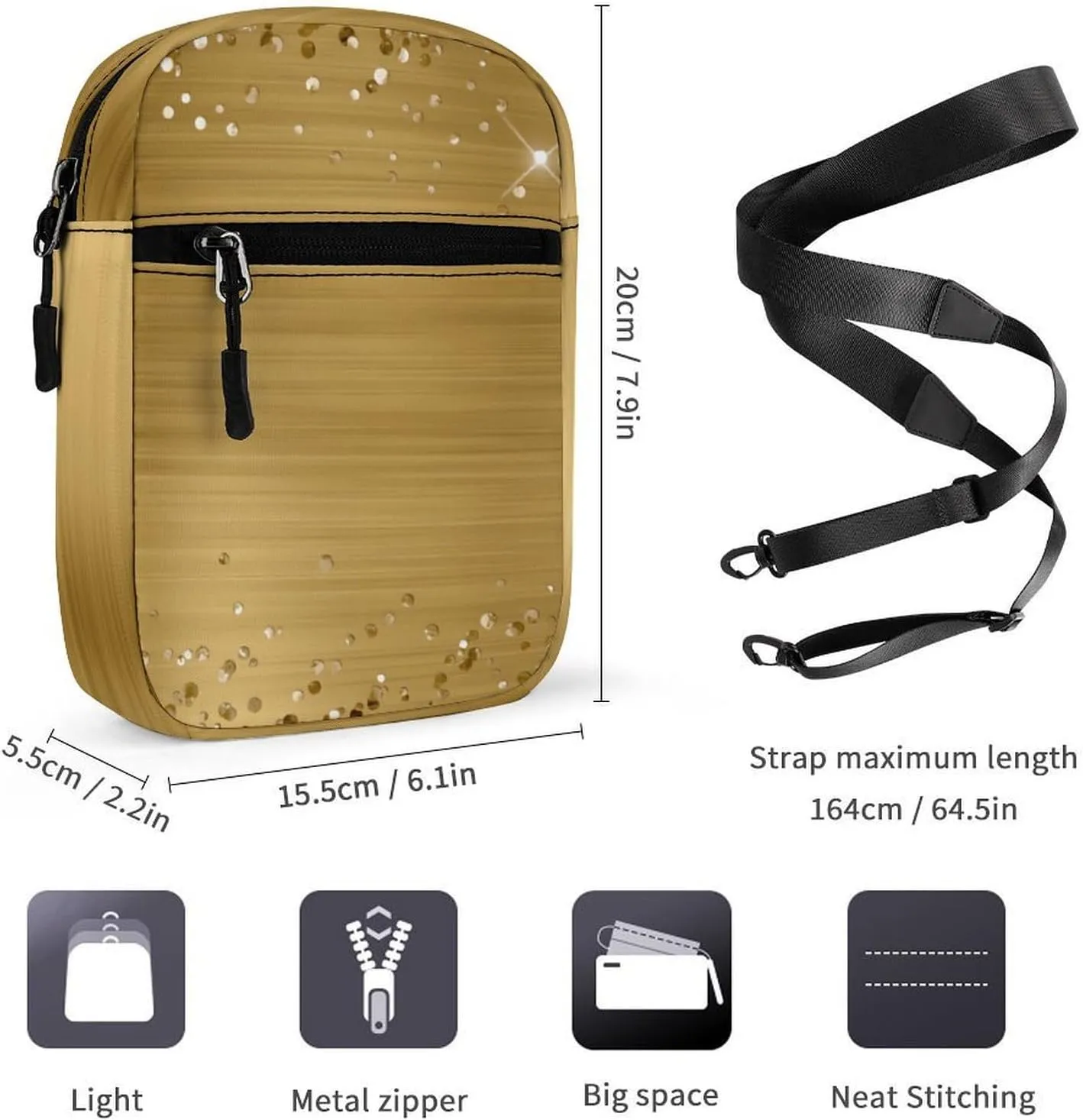 Glittery Gold Foil Crossbody Bag Small Shoulder Bag Waterproof, Lightweight And Convenient
