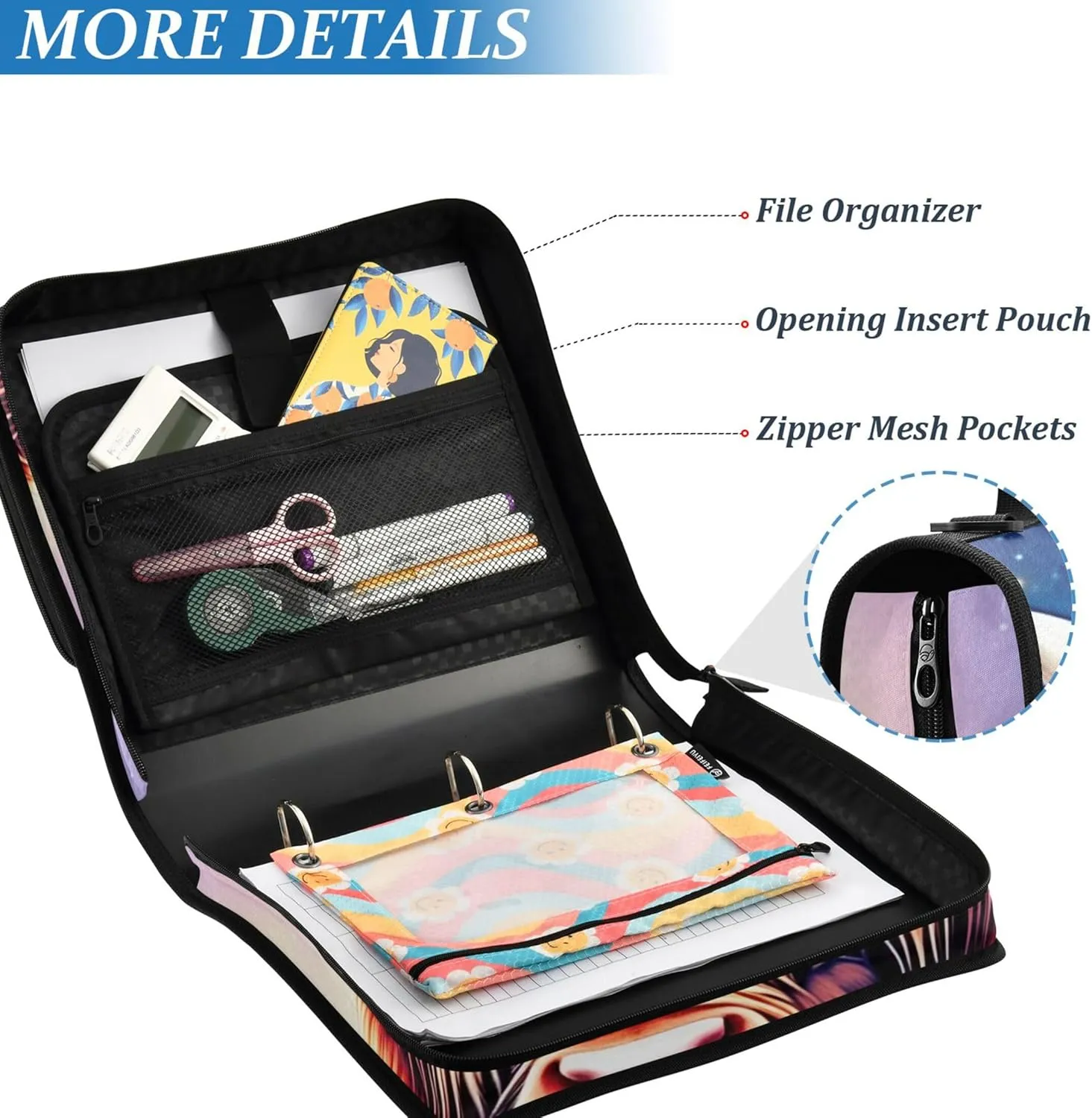 Glittery Highland Cow Colorful Binder Zipper Organizer 3 Ring Binders 1 1/2 Inch D Ring School Binder Bag with Shoulder Strap Storage Portfolio Case with Handle